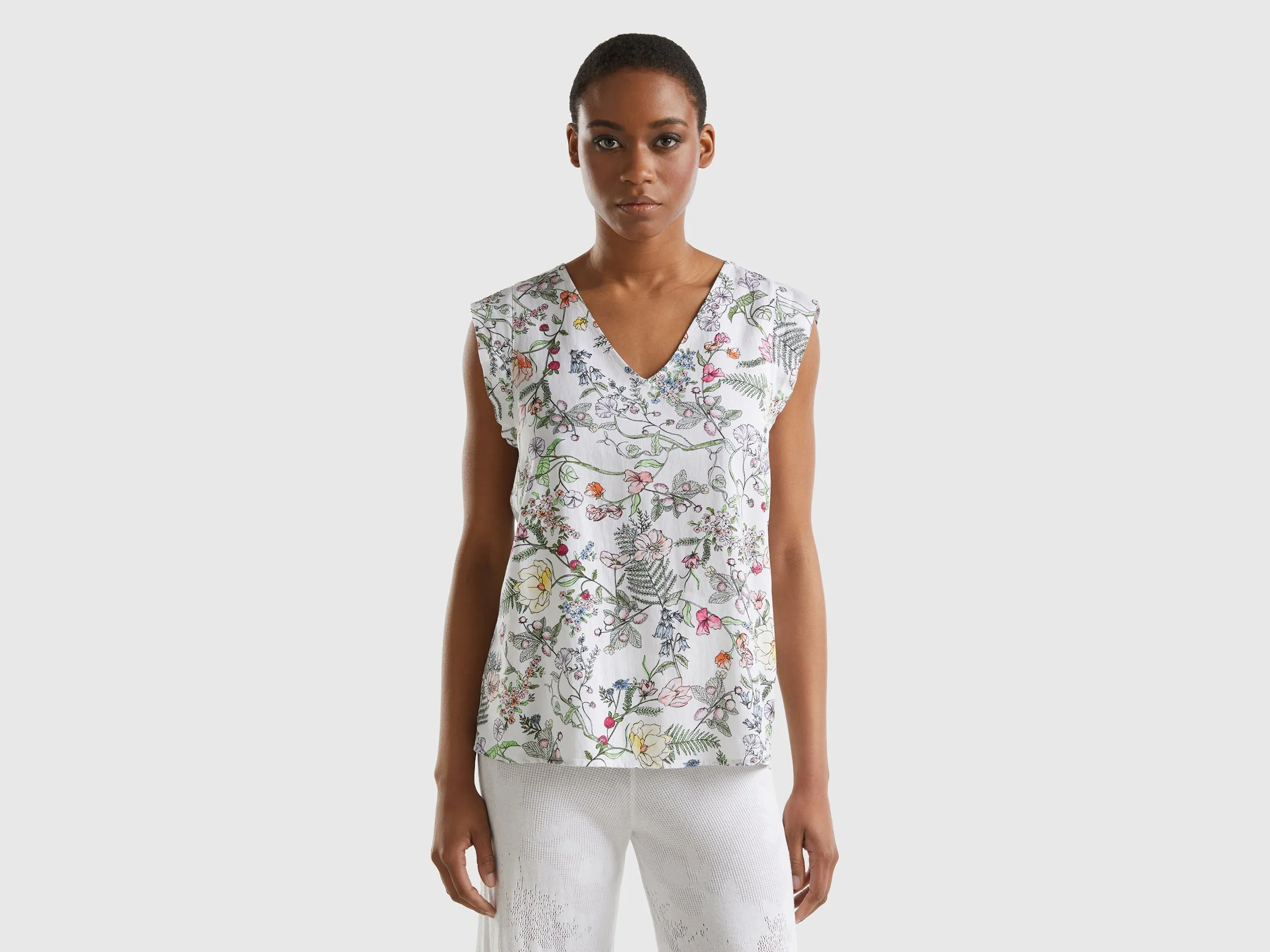 Benetton, Blusa Fantasia In Misto Viscosa Sostenibile, Multicolore, Donna