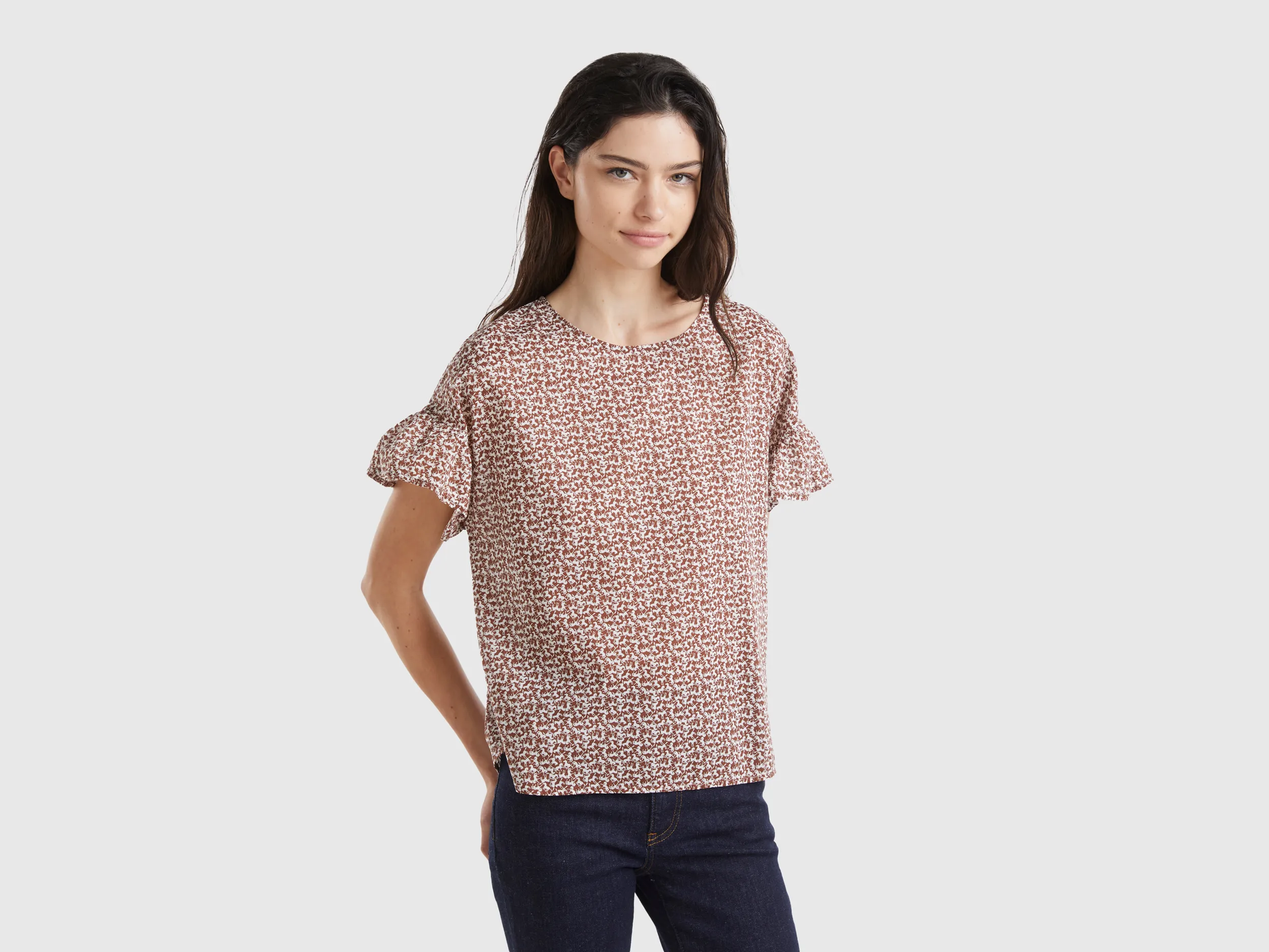 Benetton, Blusa Fantasia In Cotone Leggero, Marrone, Donna