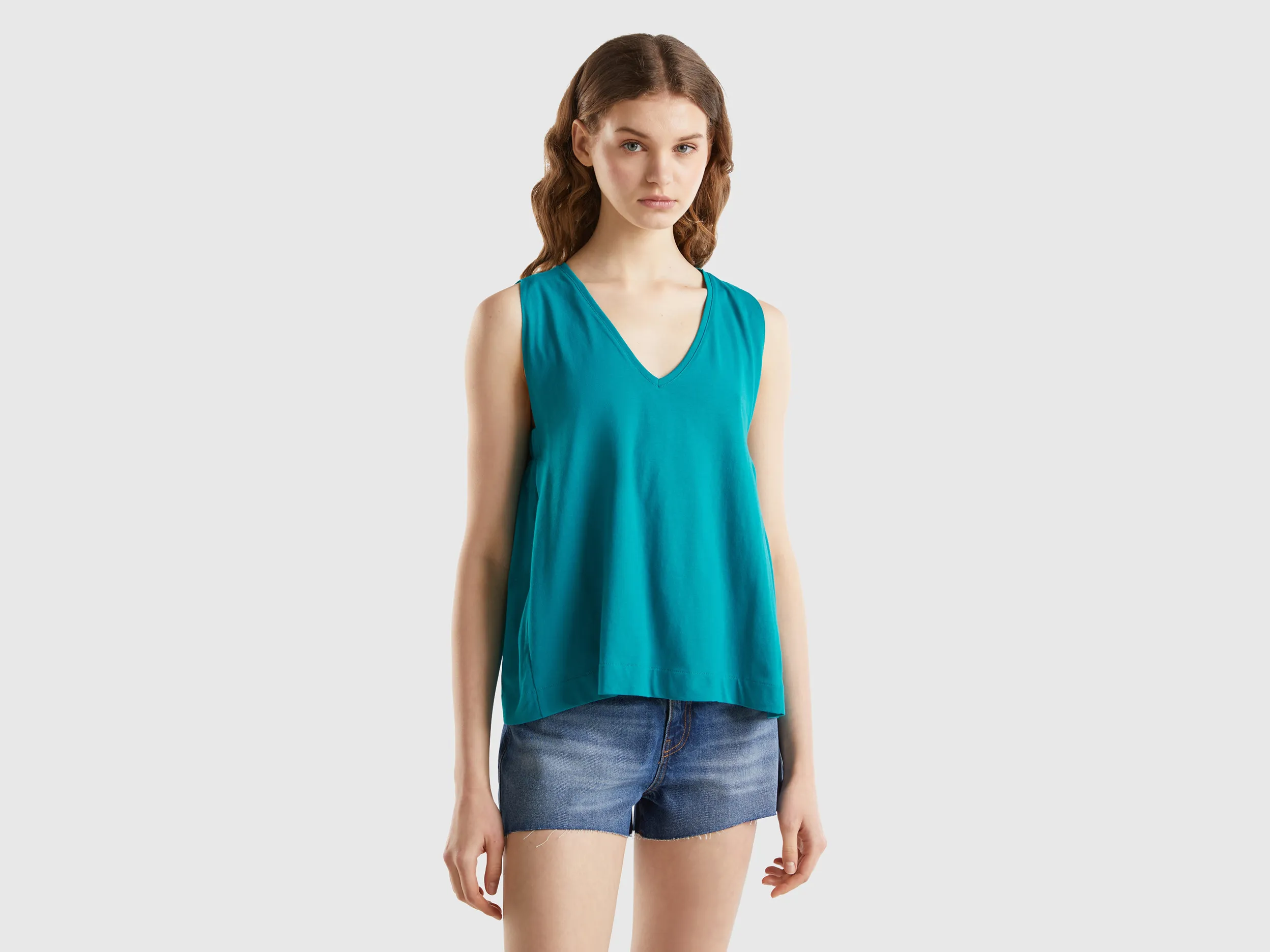 Benetton, Top Con Scollo A V, Verde Ottanio, Donna