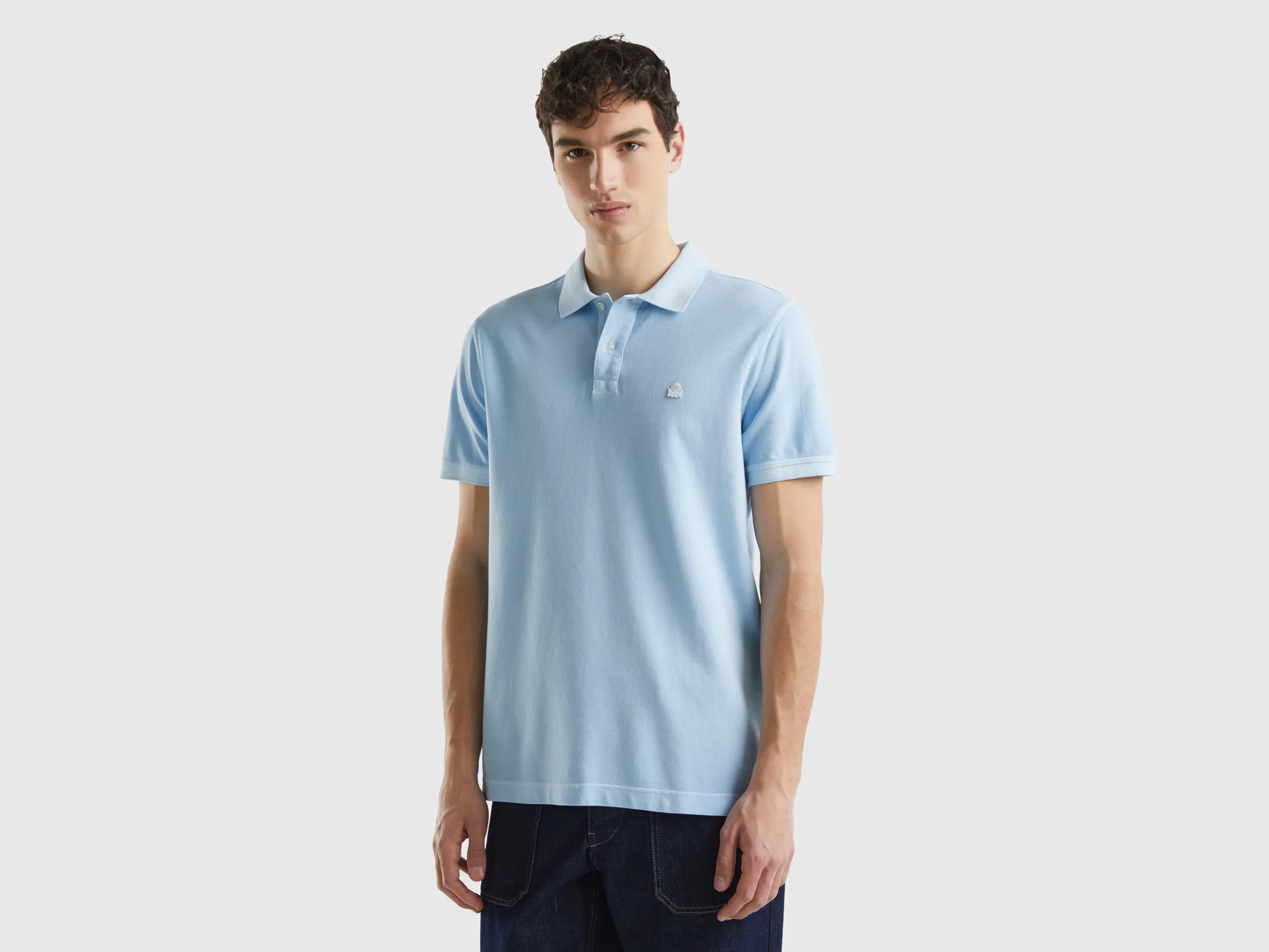 Benetton, Polo Regular Fit 100% Cotone Bio, Celeste, Uomo