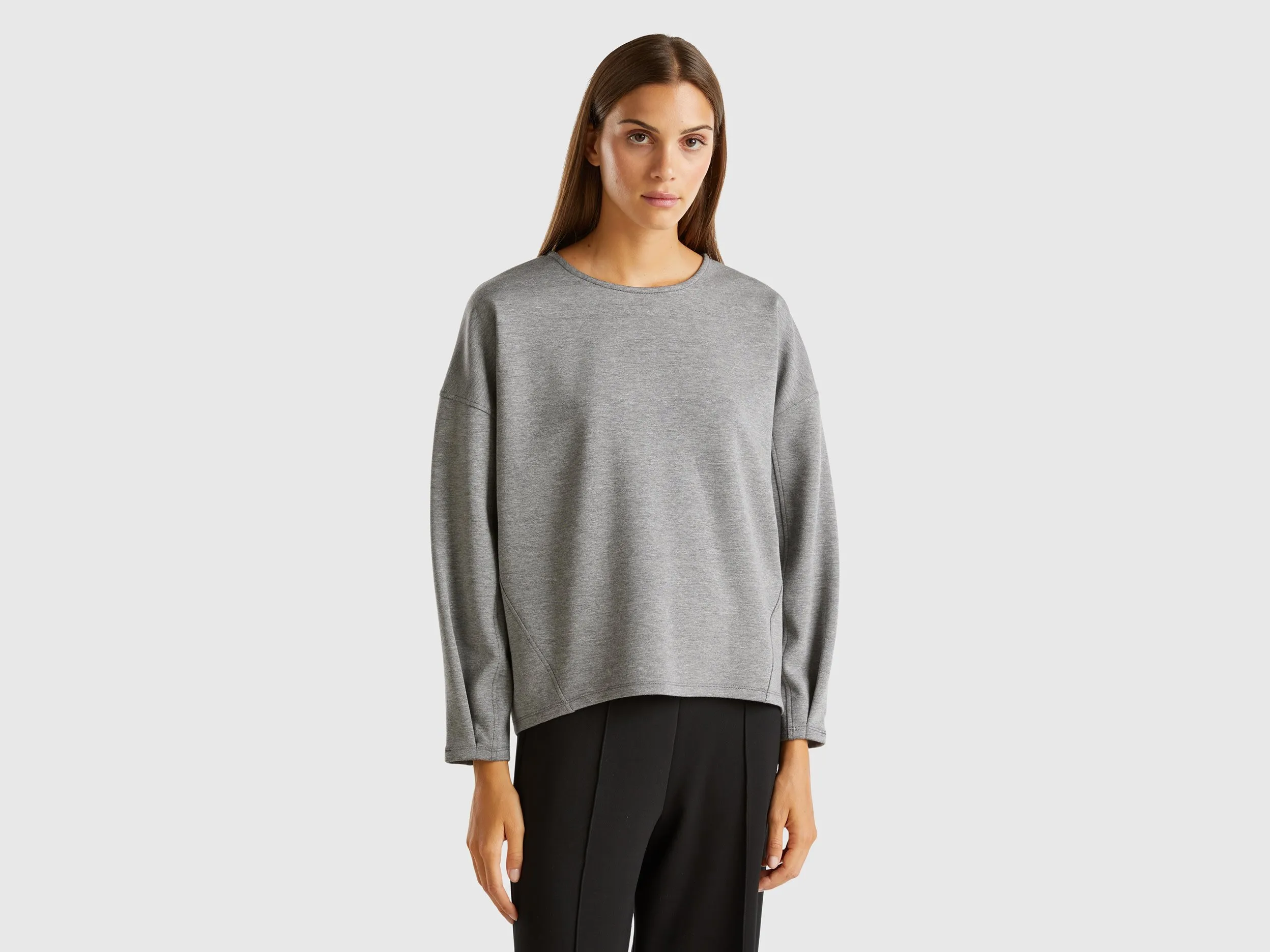 Benetton, Felpa Leggera In Misto Cotone E Modal®, Grigio Chiaro, Donna