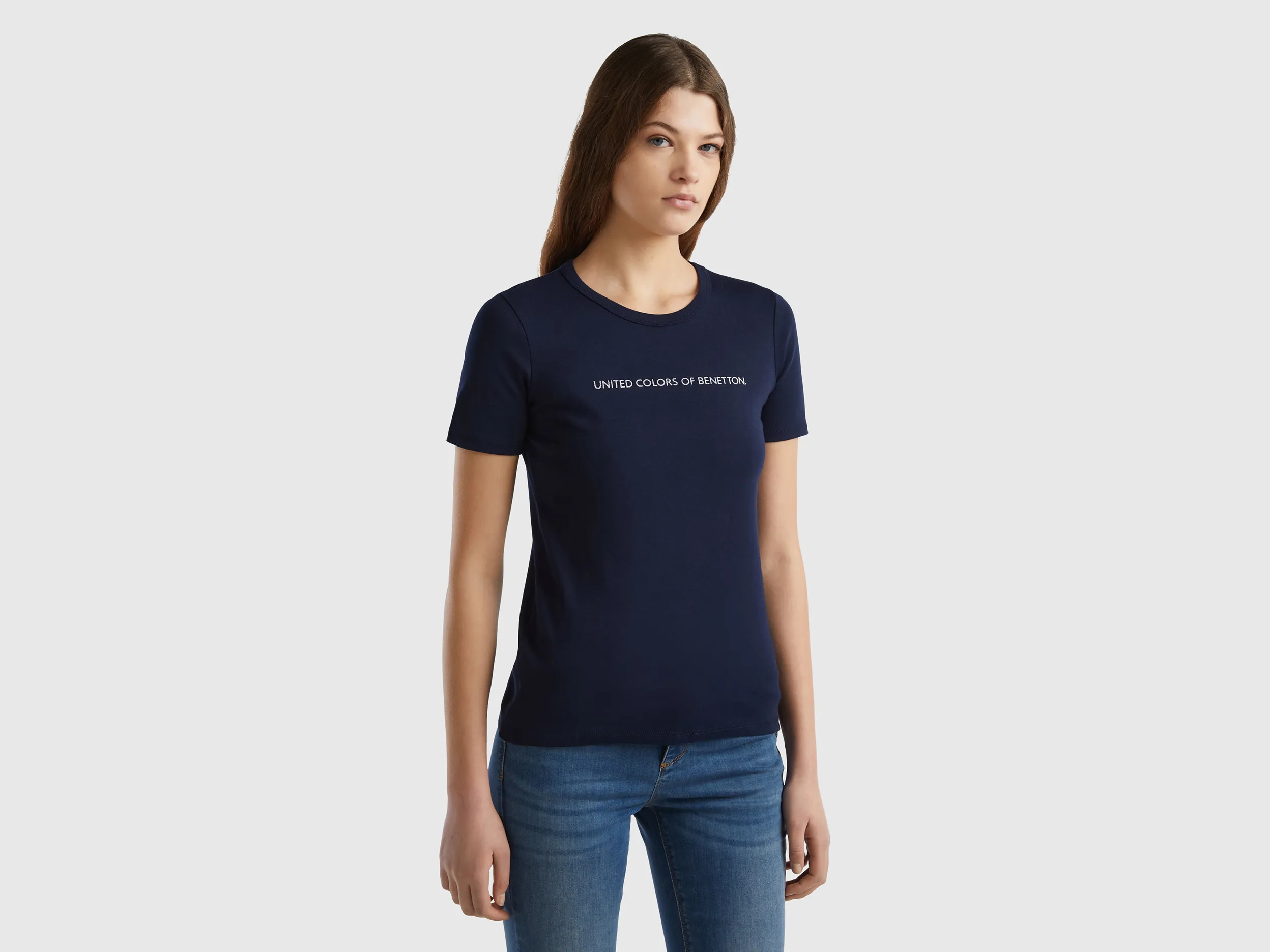 Benetton, T-shirt 100% Cotone Con Stampa Logo Glitter, Blu Scuro, Donna