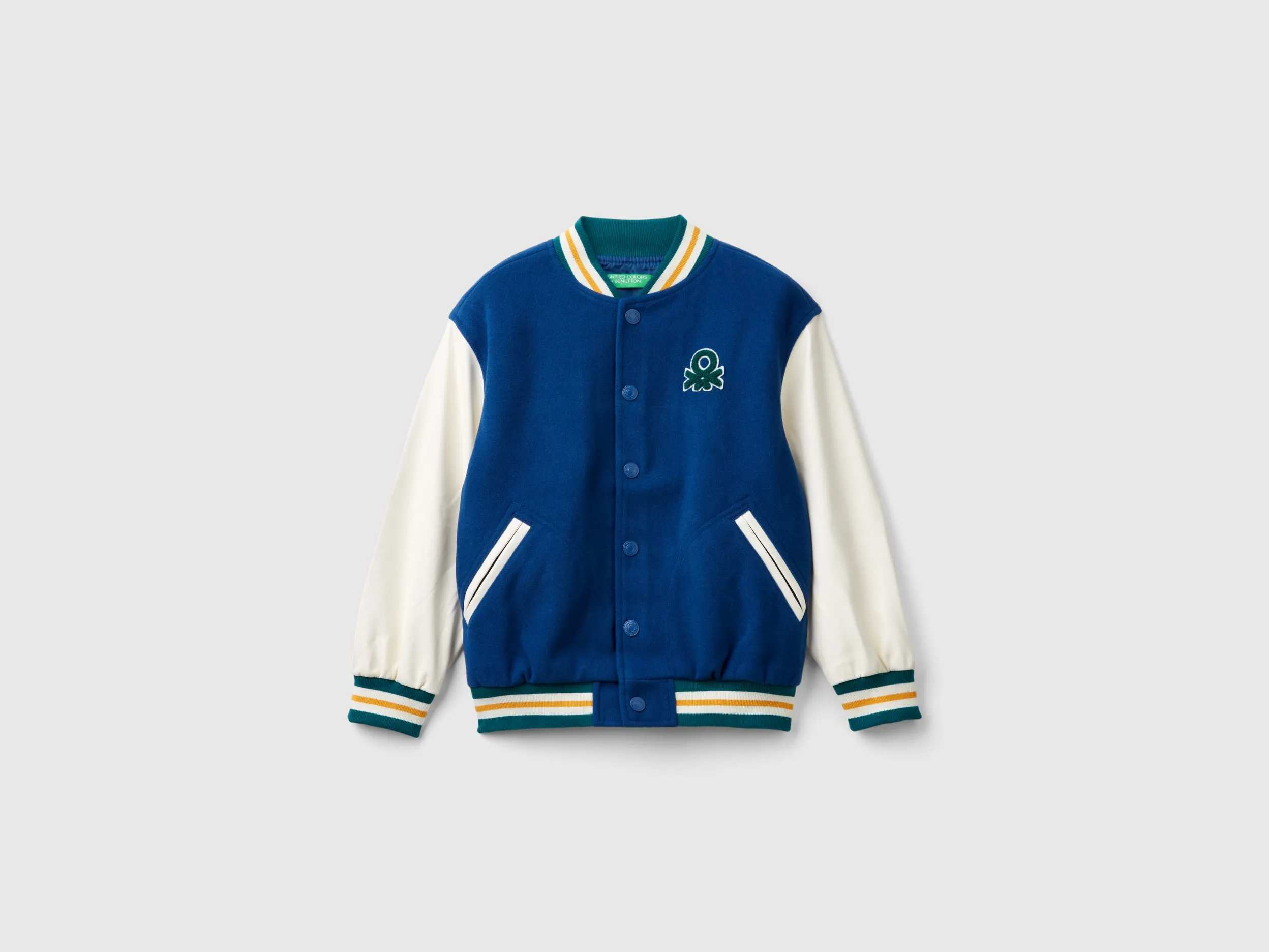 Benetton, Bomber In Misto Lana Con Ricamo Sul Retro, Blu, Bambini