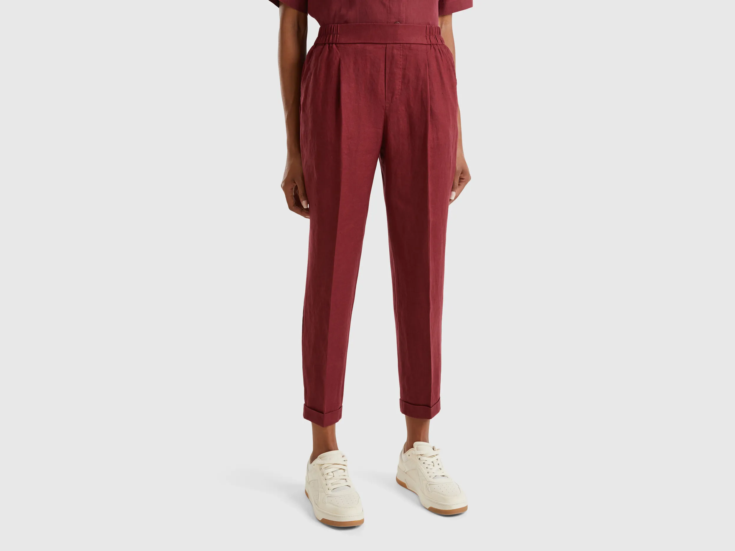 Benetton, Pantaloni Regular Fit In Puro Lino, Bordeaux, Donna