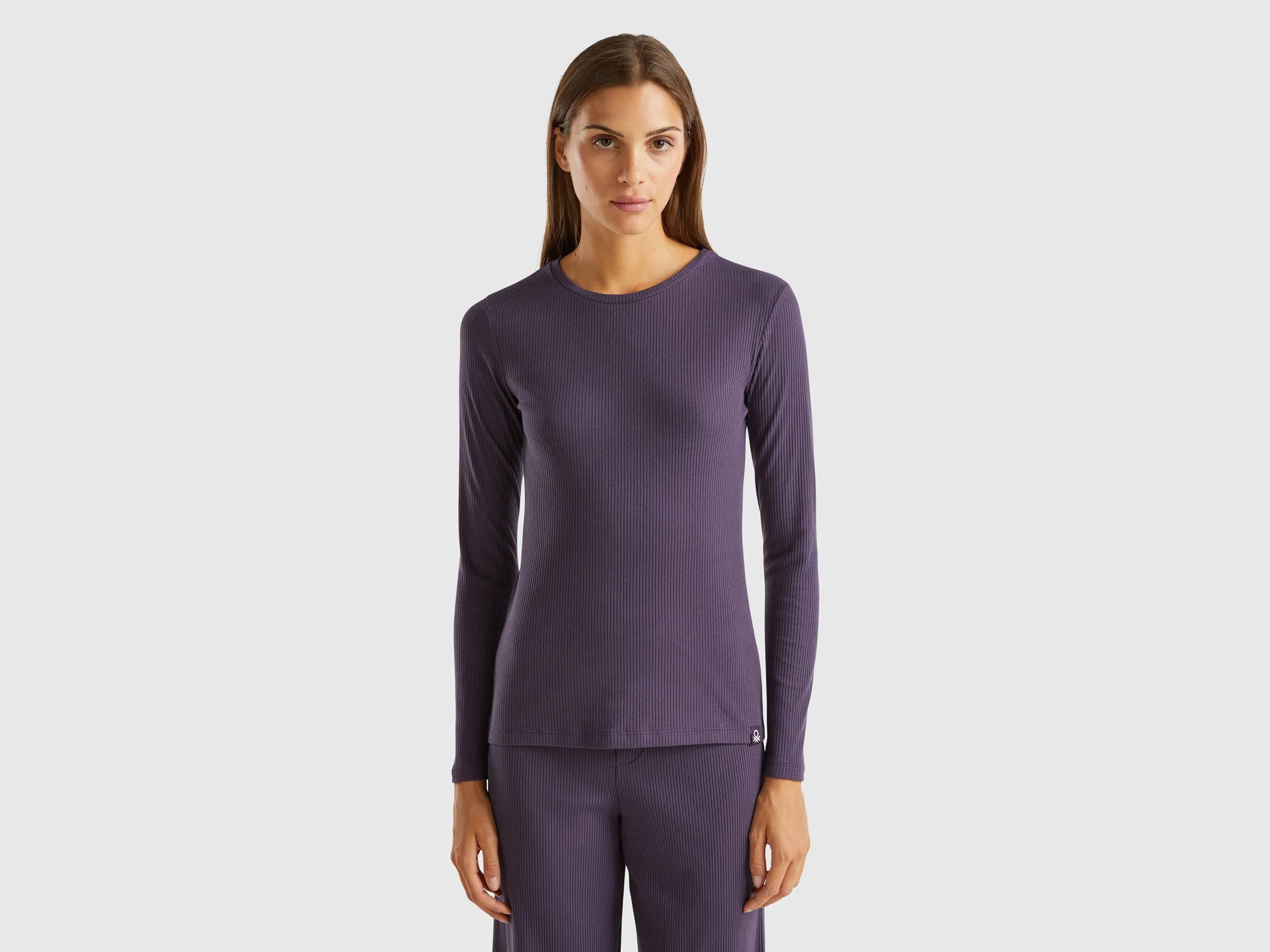 Benetton, Maglietta In Misto Cotone Stretch, Blu Scuro, Donna