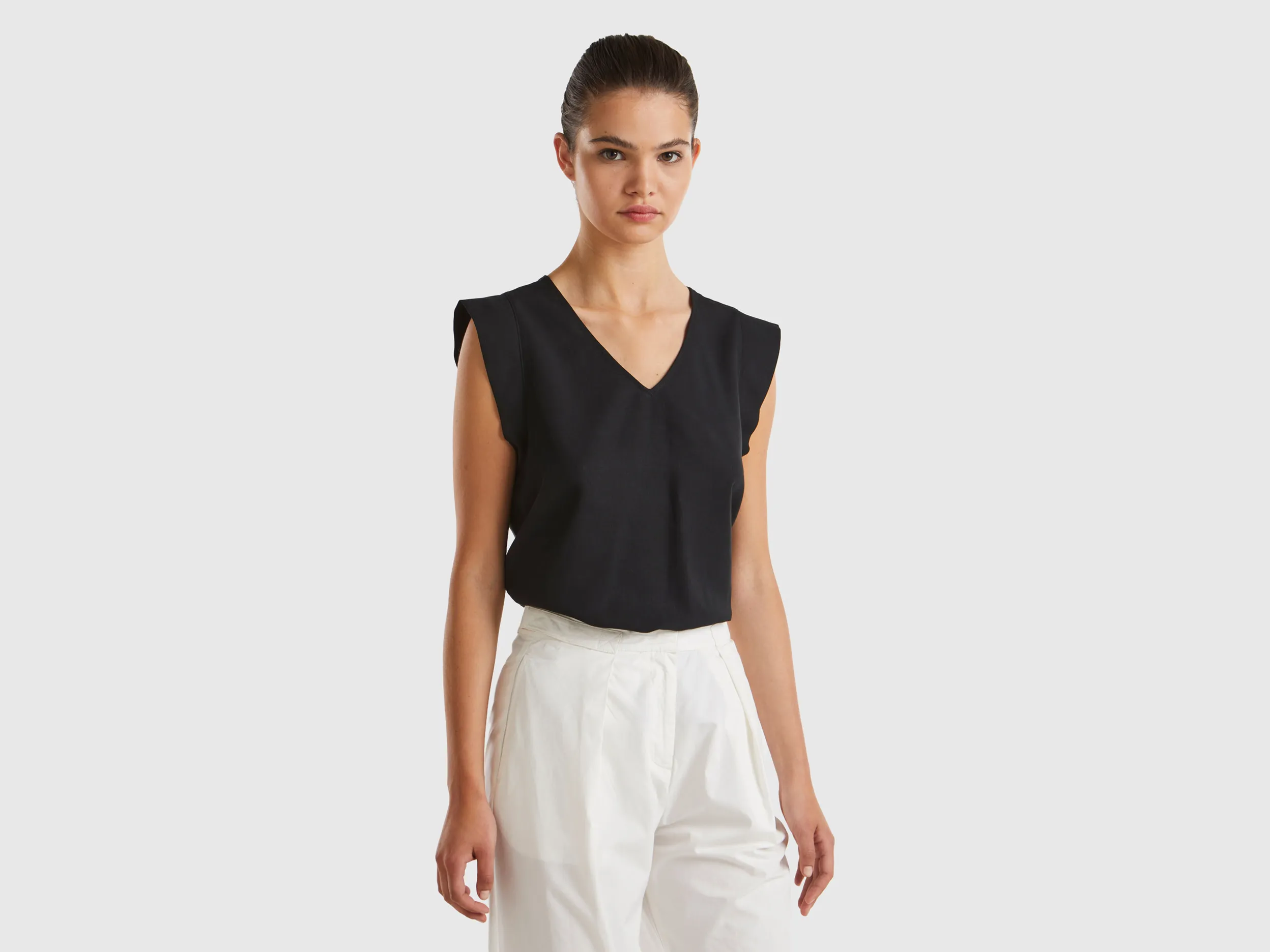 Benetton, Blusa Con Scollo A V, Nero, Donna