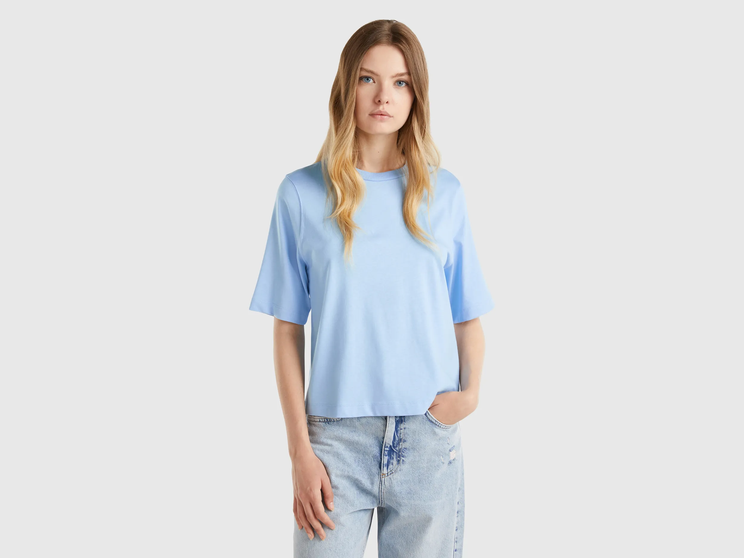 Benetton, T-shirt Boxy Fit 100% Cotone, Blu Chiaro, Donna