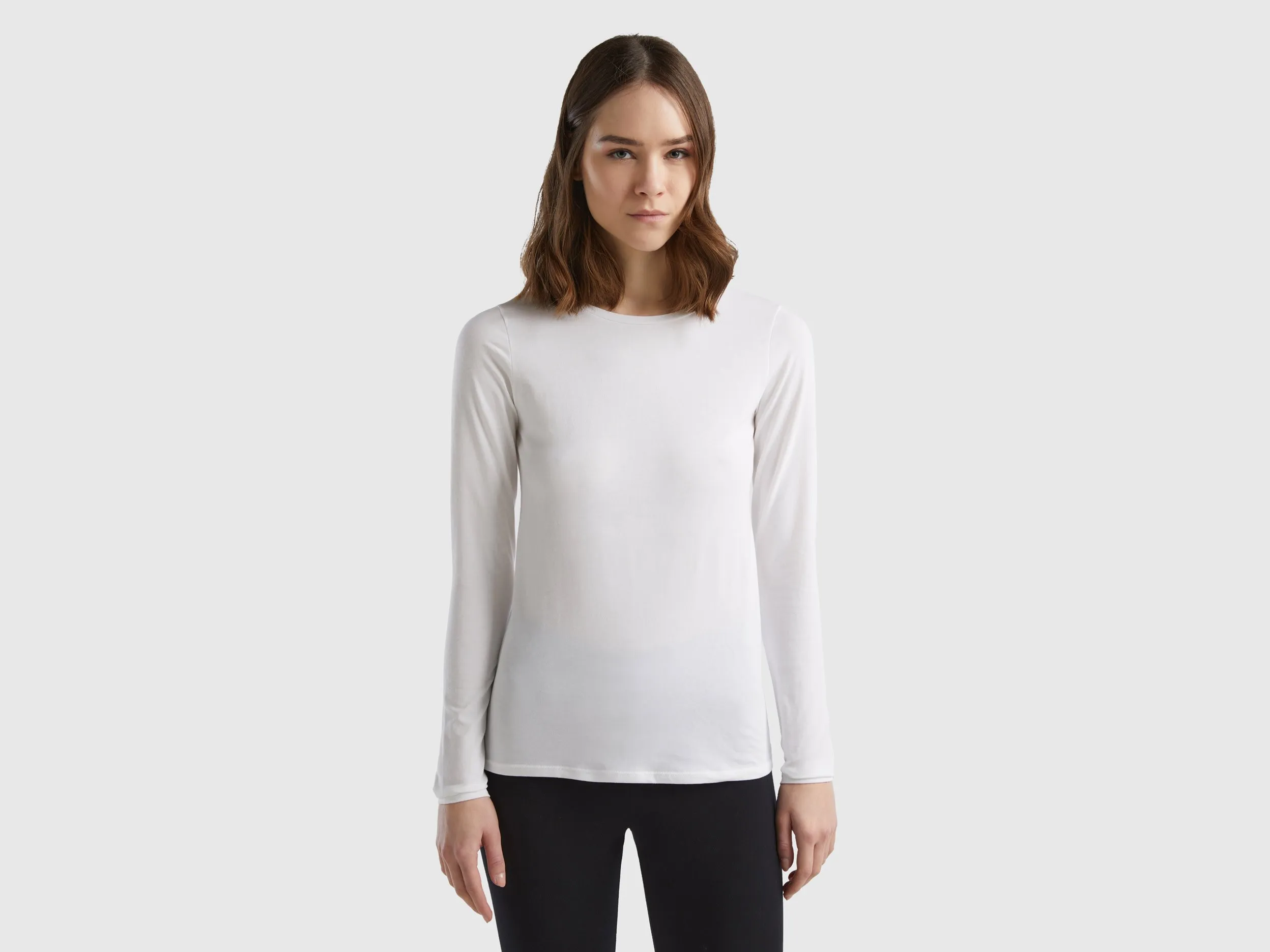 Benetton, T-shirt Manica Lunga In Cotone Bio Super Stretch, Bianco, Donna