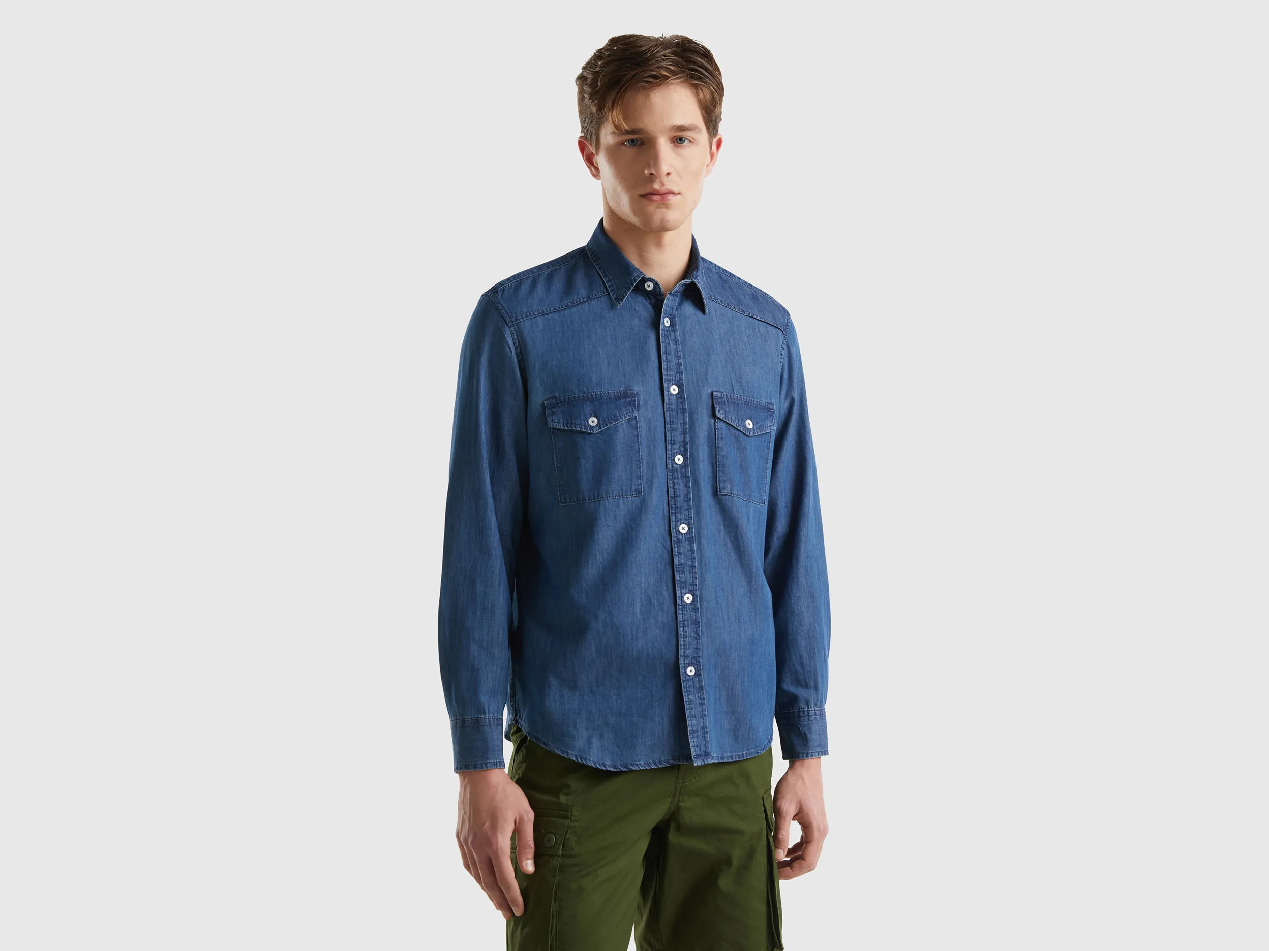 Benetton, Camicia Regular Fit In Chambray, Blu, Uomo