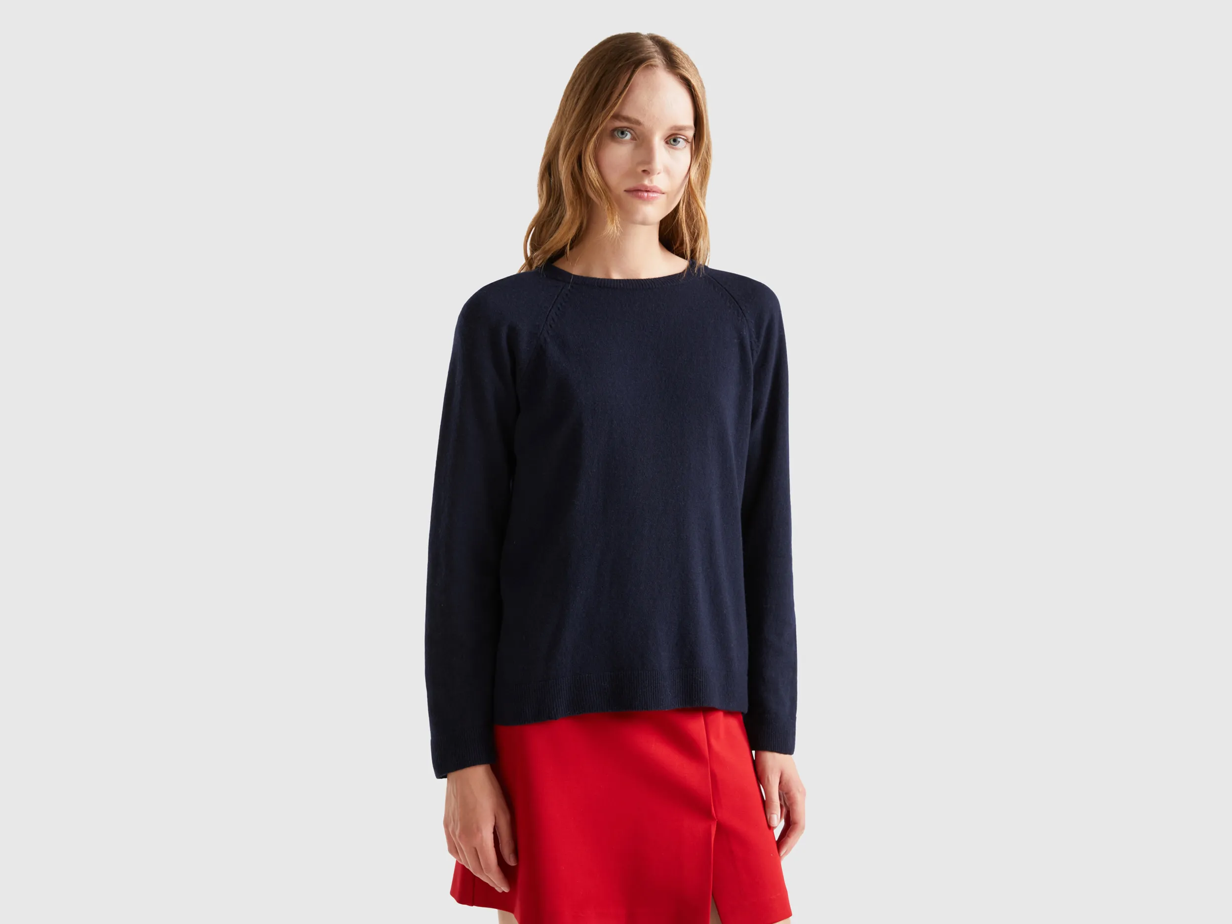 Benetton, Maglia Girocollo Blu Scuro In Misto Lana E Cashmere, Blu Scuro, Donna