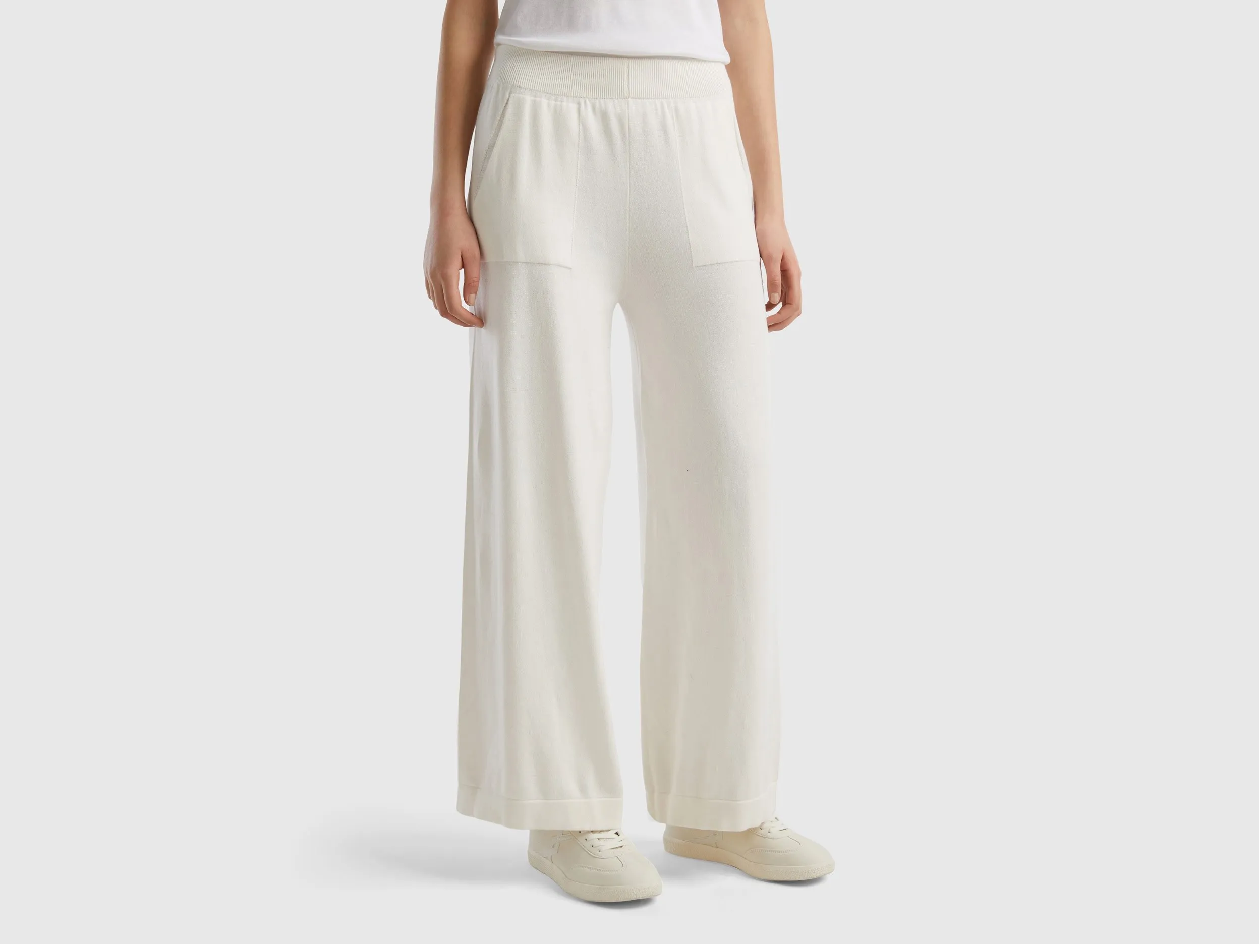 Benetton, Pantaloni Ampi In Maglia, Bianco Panna, Donna