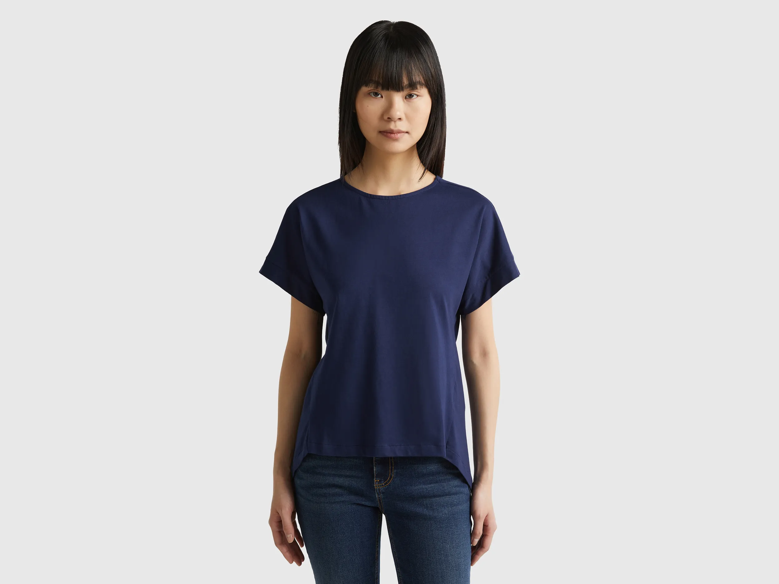 Benetton, T-shirt Manica A Kimono, Blu Scuro, Donna