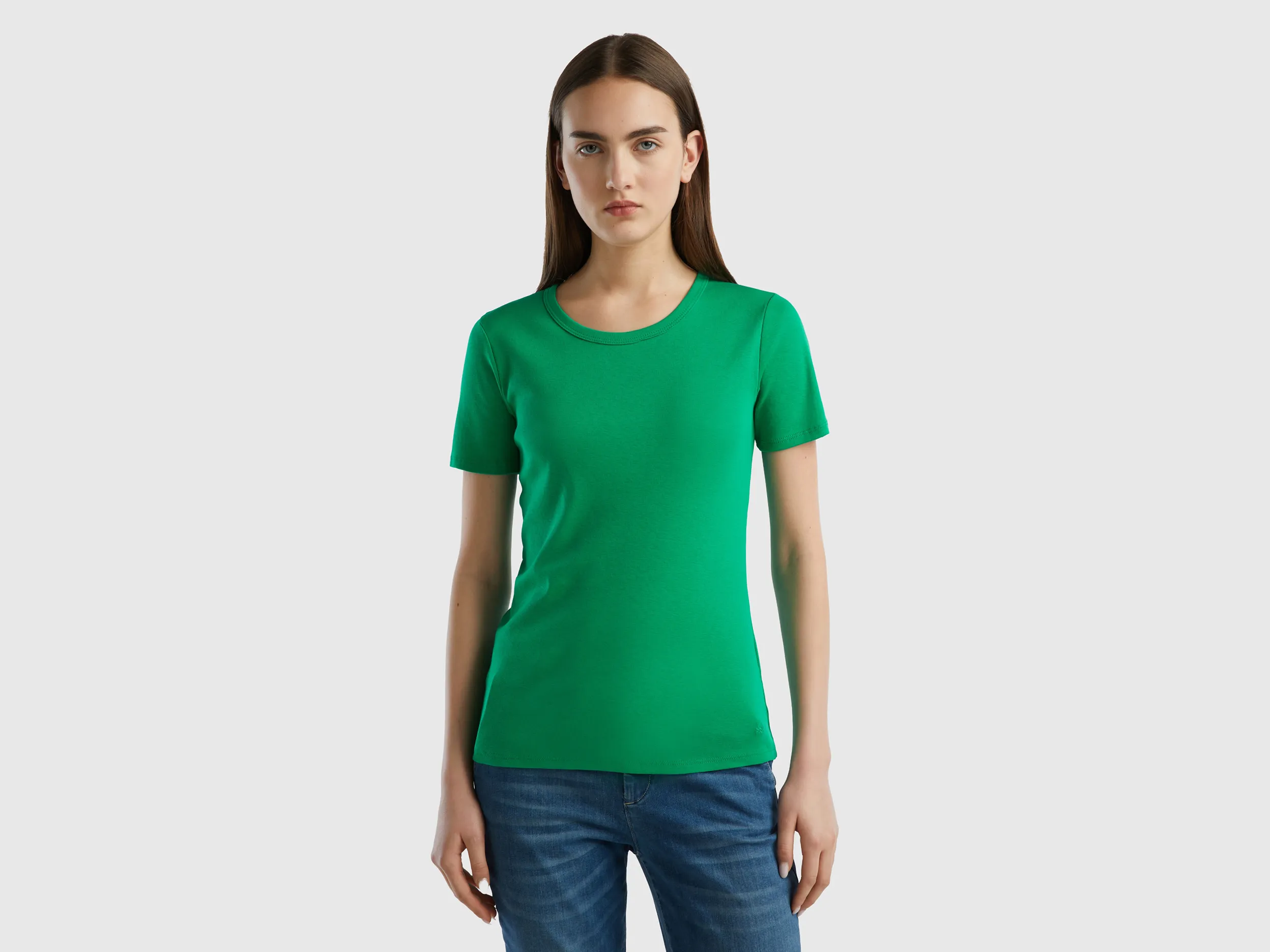 Benetton, T-shirt In Cotone A Fibra Lunga, Verde, Donna