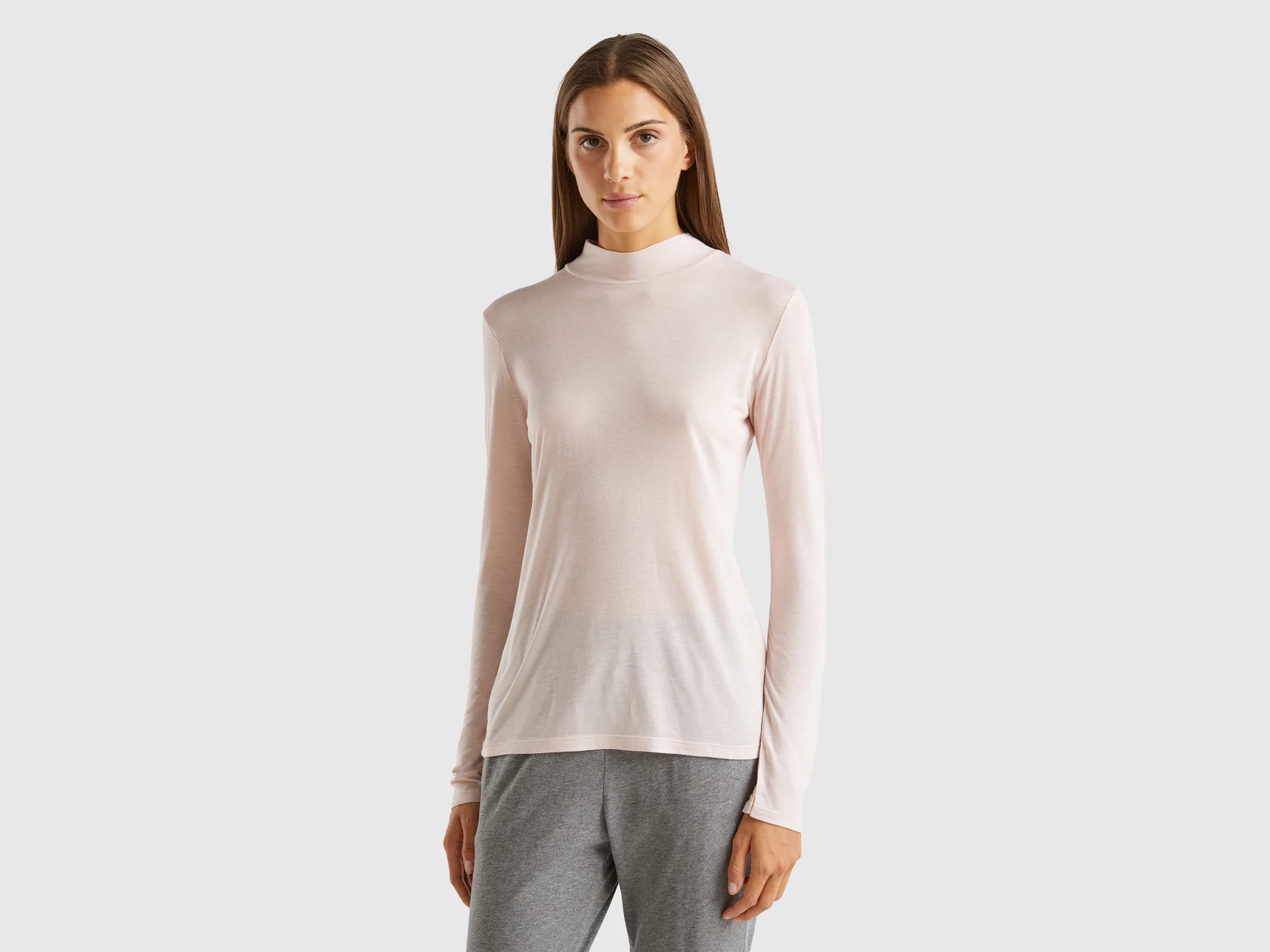 Benetton, T-shirt Dolcevita In Misto Viscosa E Lana, Rosa Tenue, Donna