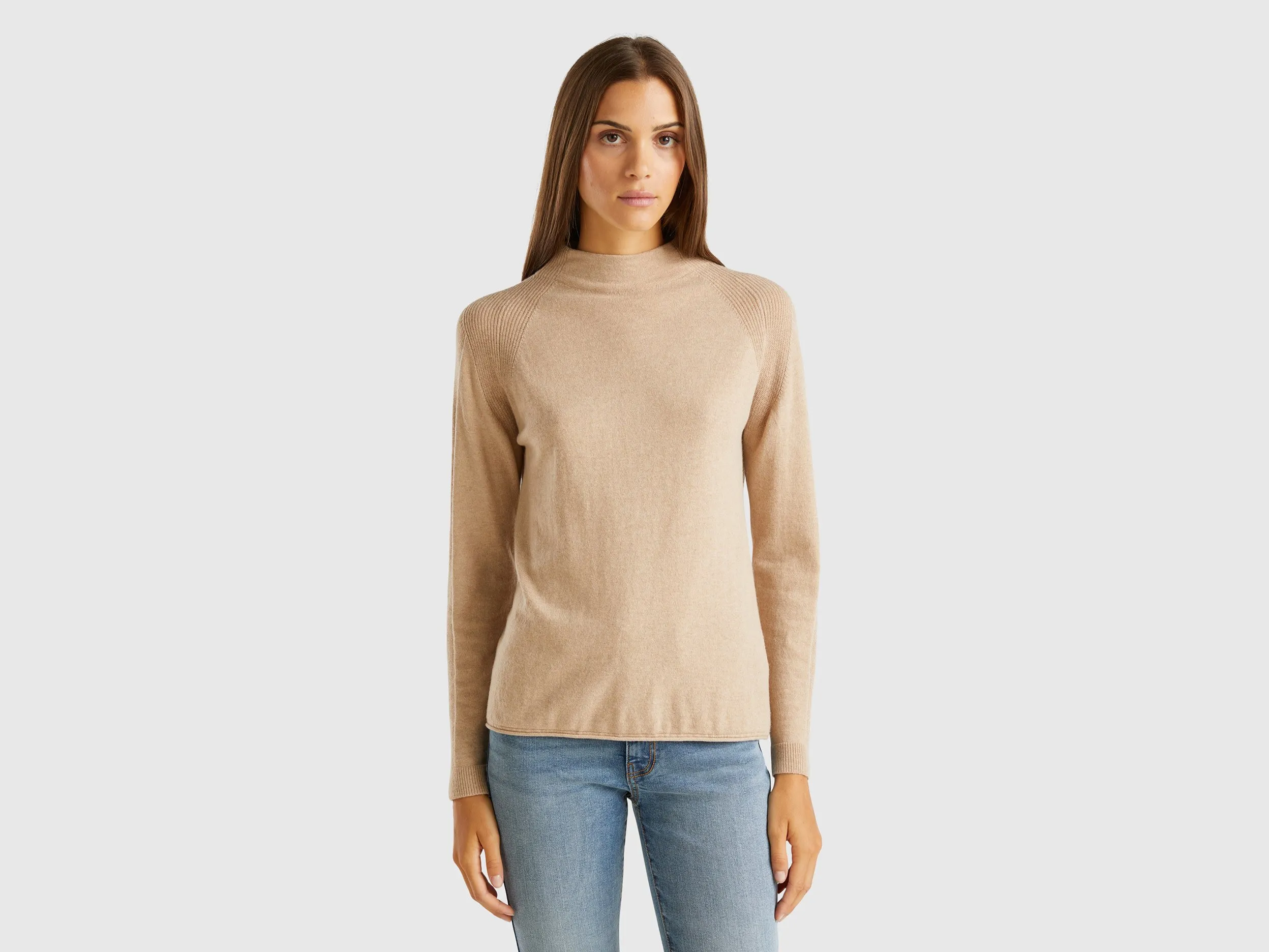 Benetton, Maglione In Misto Cashmere, Cammello, Donna