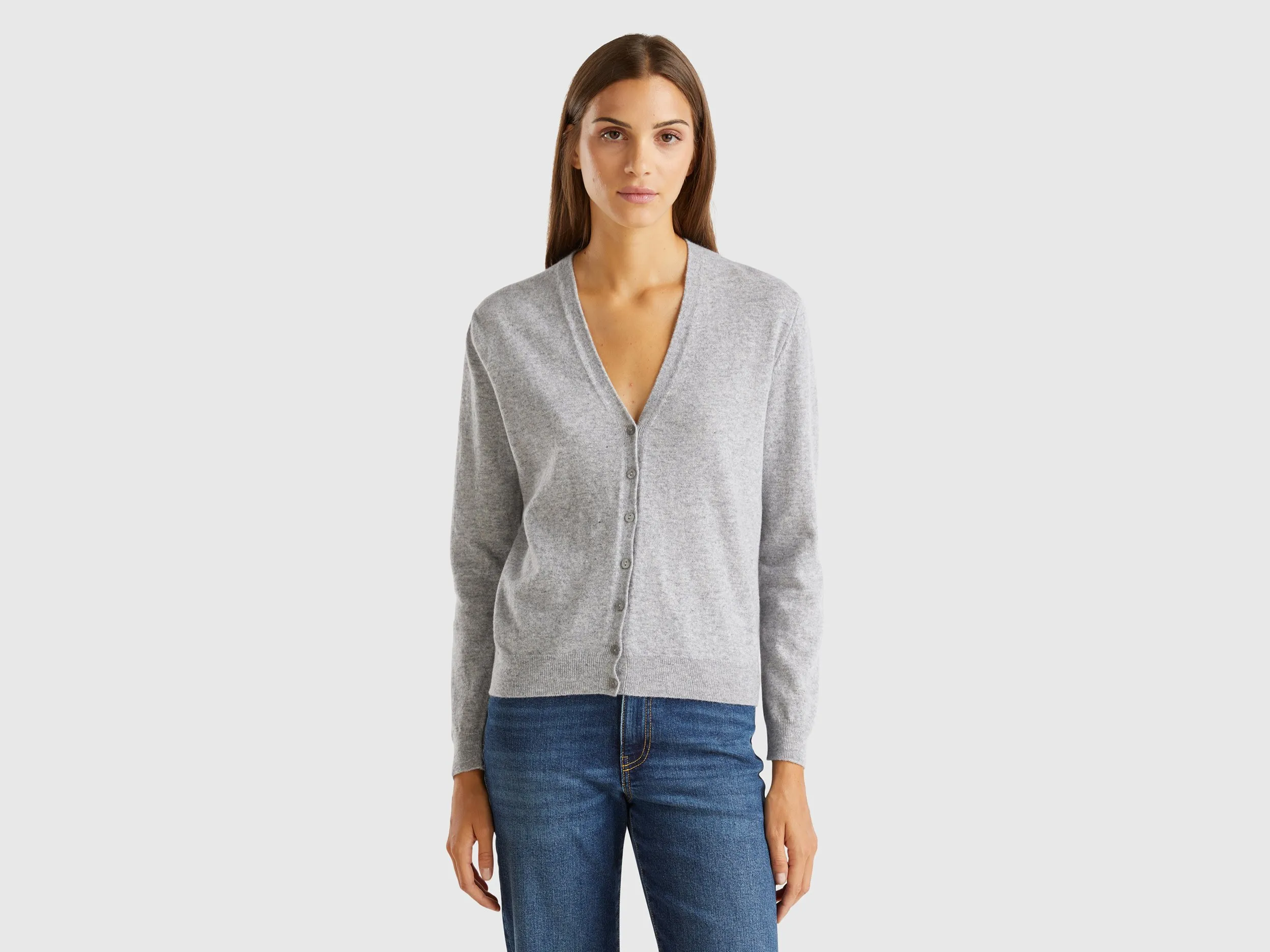 Benetton, Cardigan Scollo A V Grigio Mélange In Pura Lana Merino, Grigio Chiaro, Donna