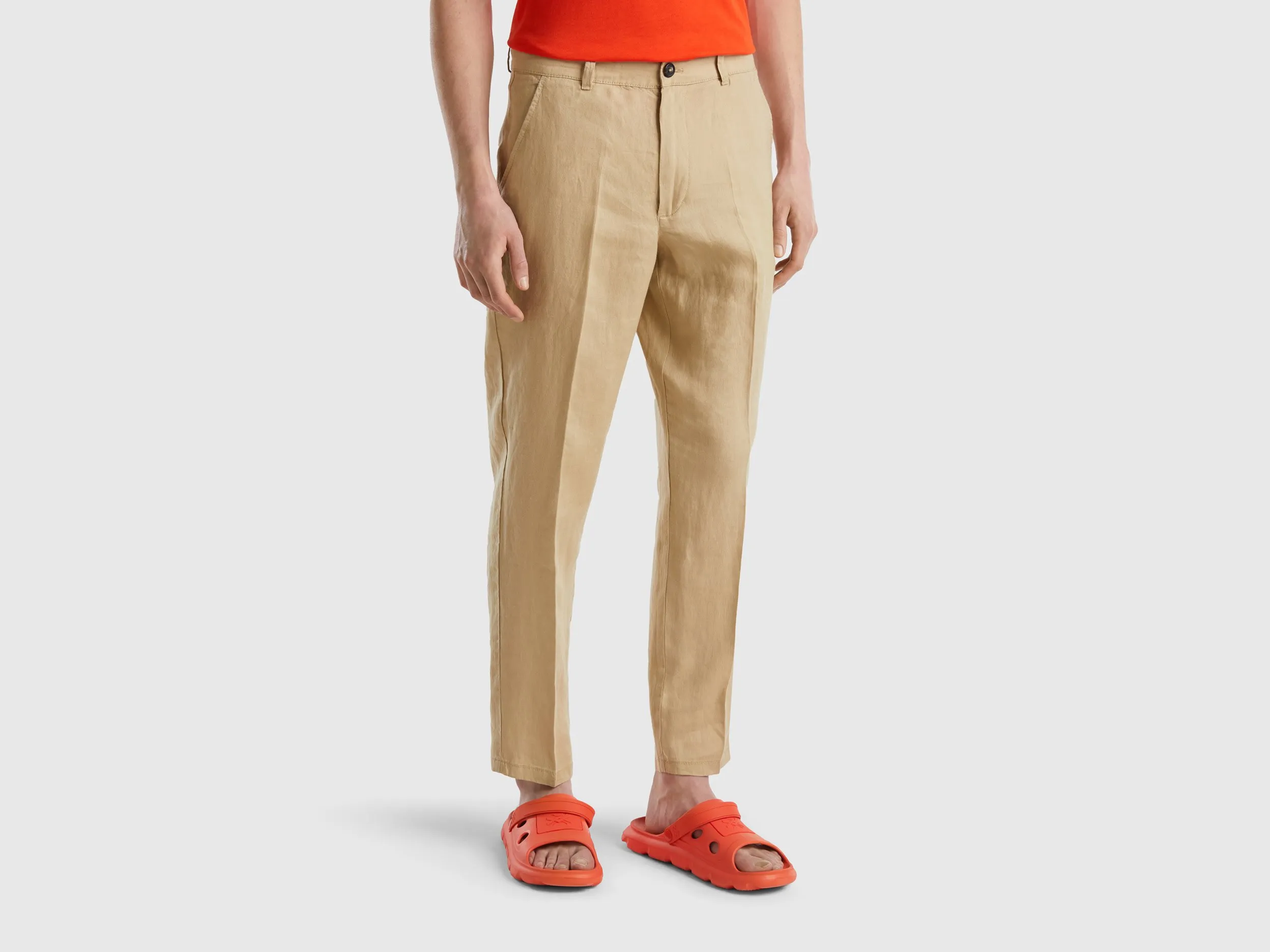 Benetton, Chino In Puro Lino, Beige, Uomo