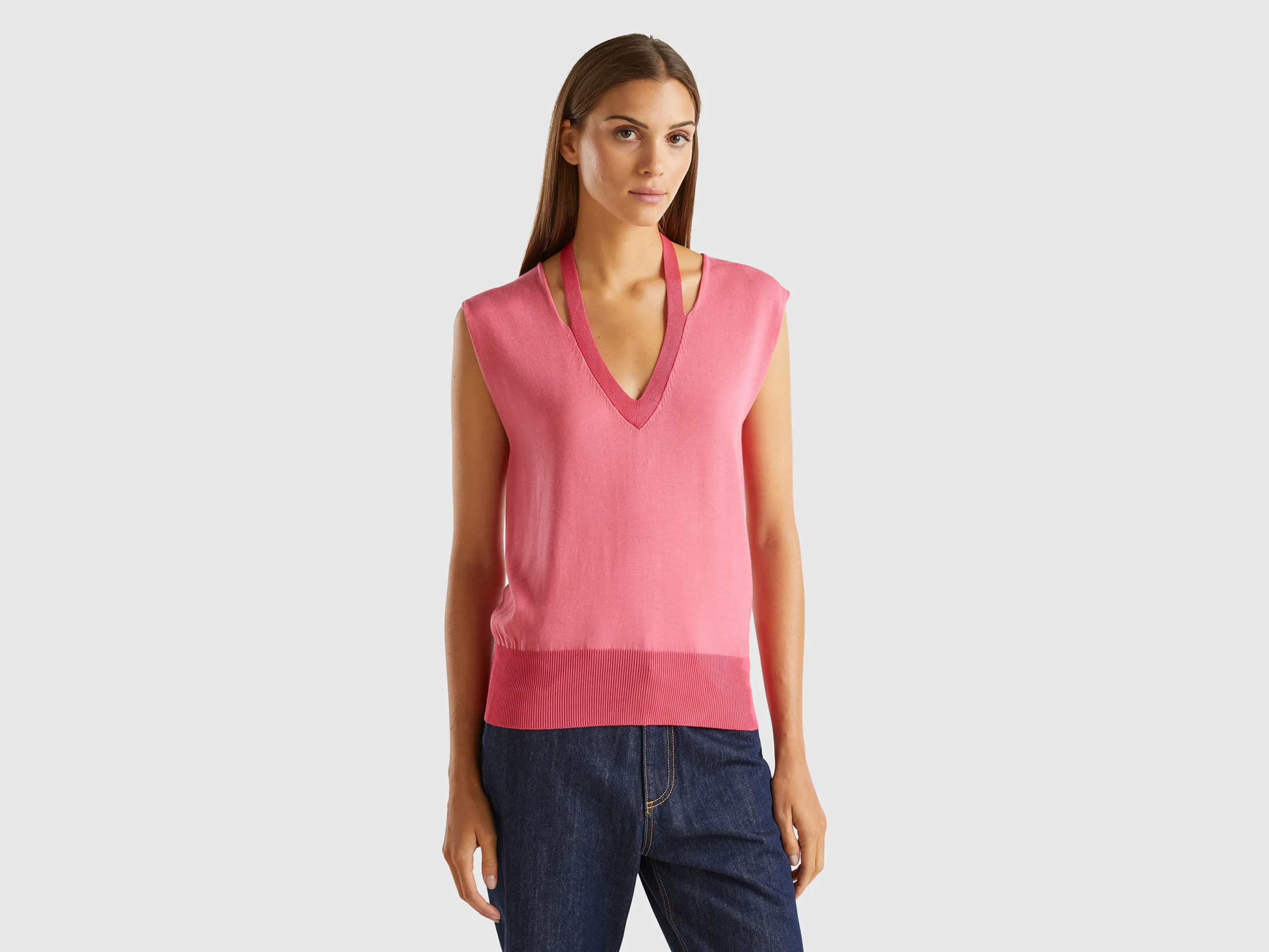 Benetton, Maglia Fluida Con Scollo A V E Lacetti, Fucsia, Donna