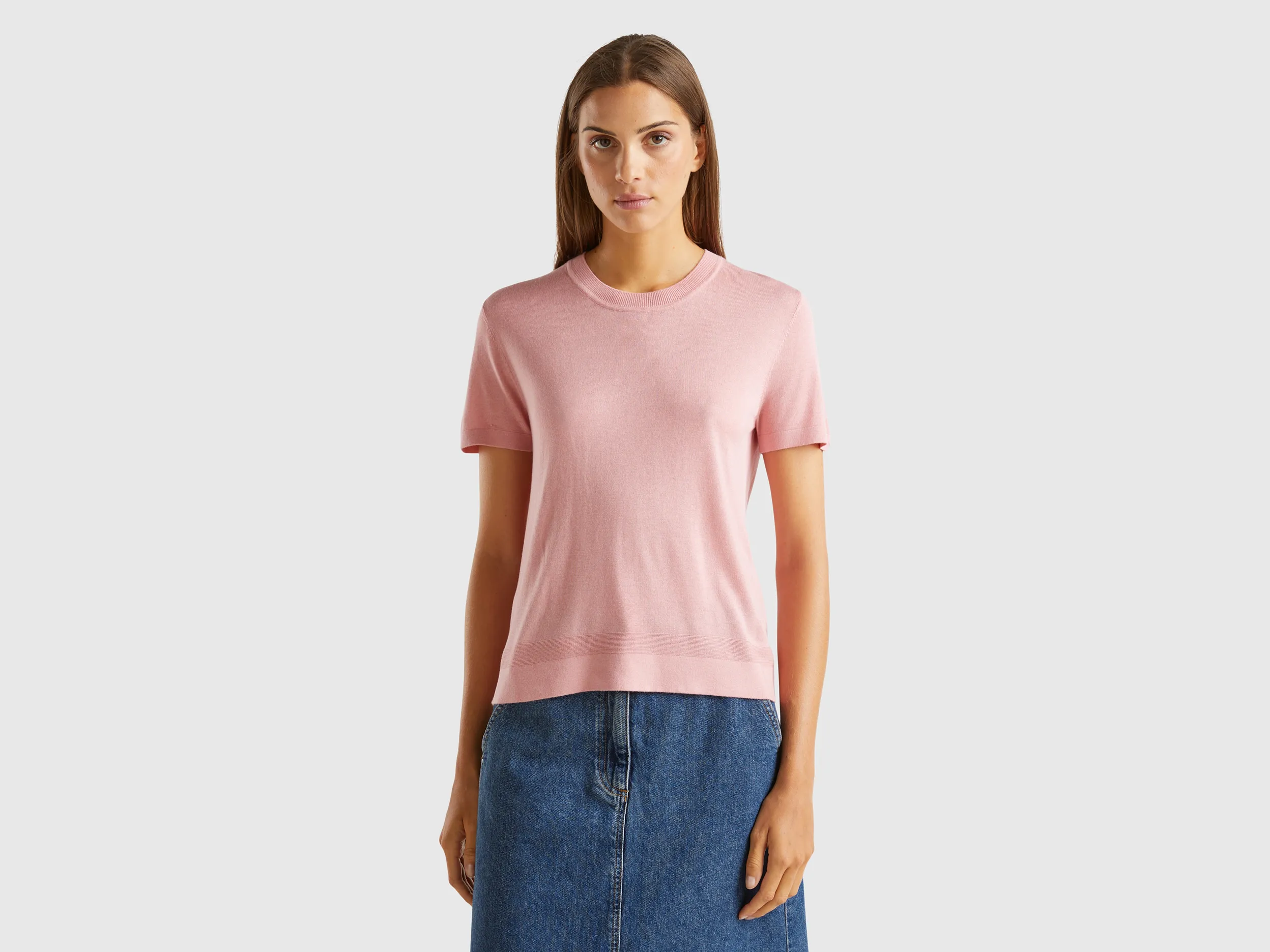 Benetton, Maglia Manica Corta In Misto Seta, Rosa, Donna