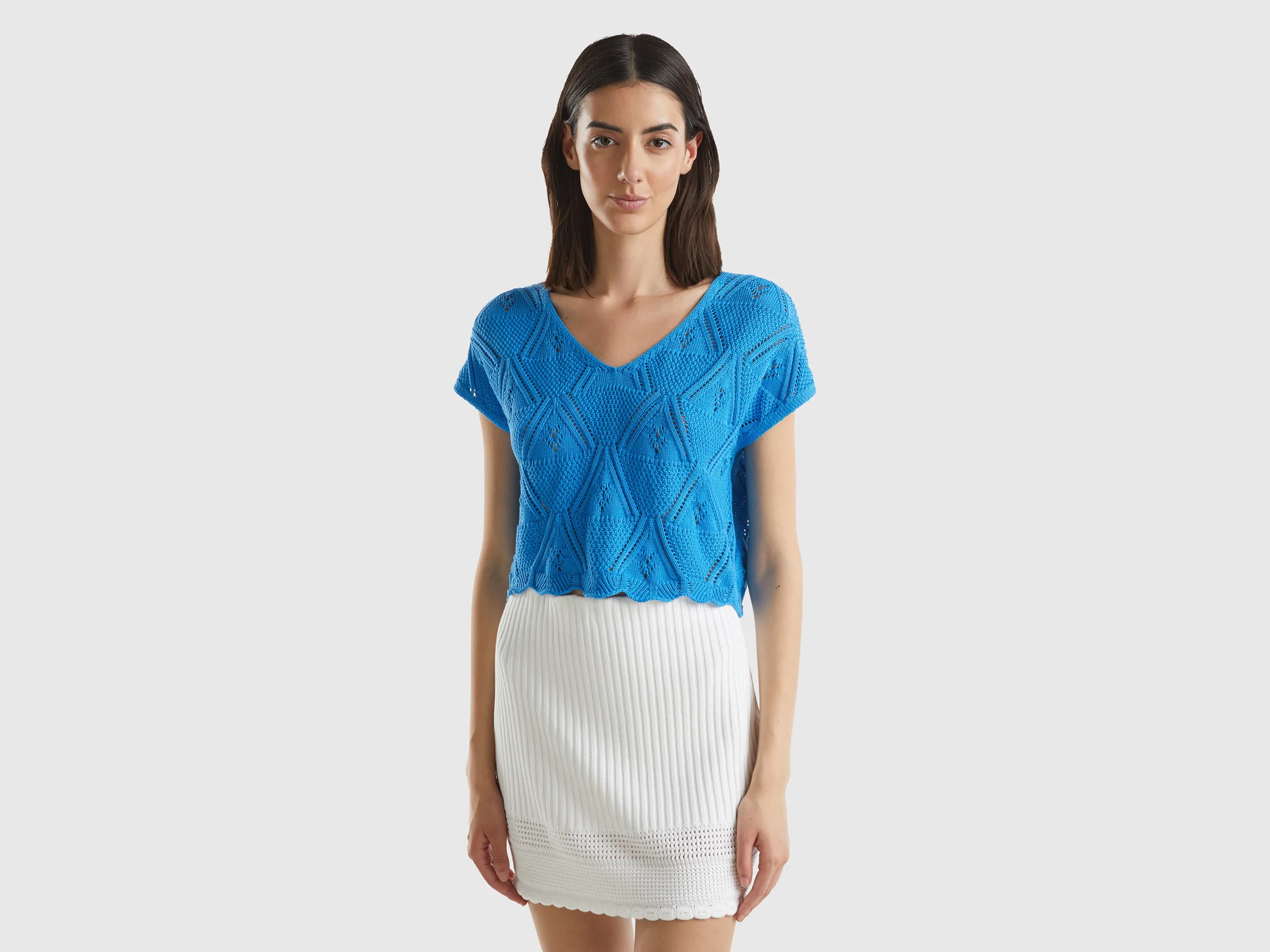 Benetton, Maglia Cropped Crochet, Blu, Donna