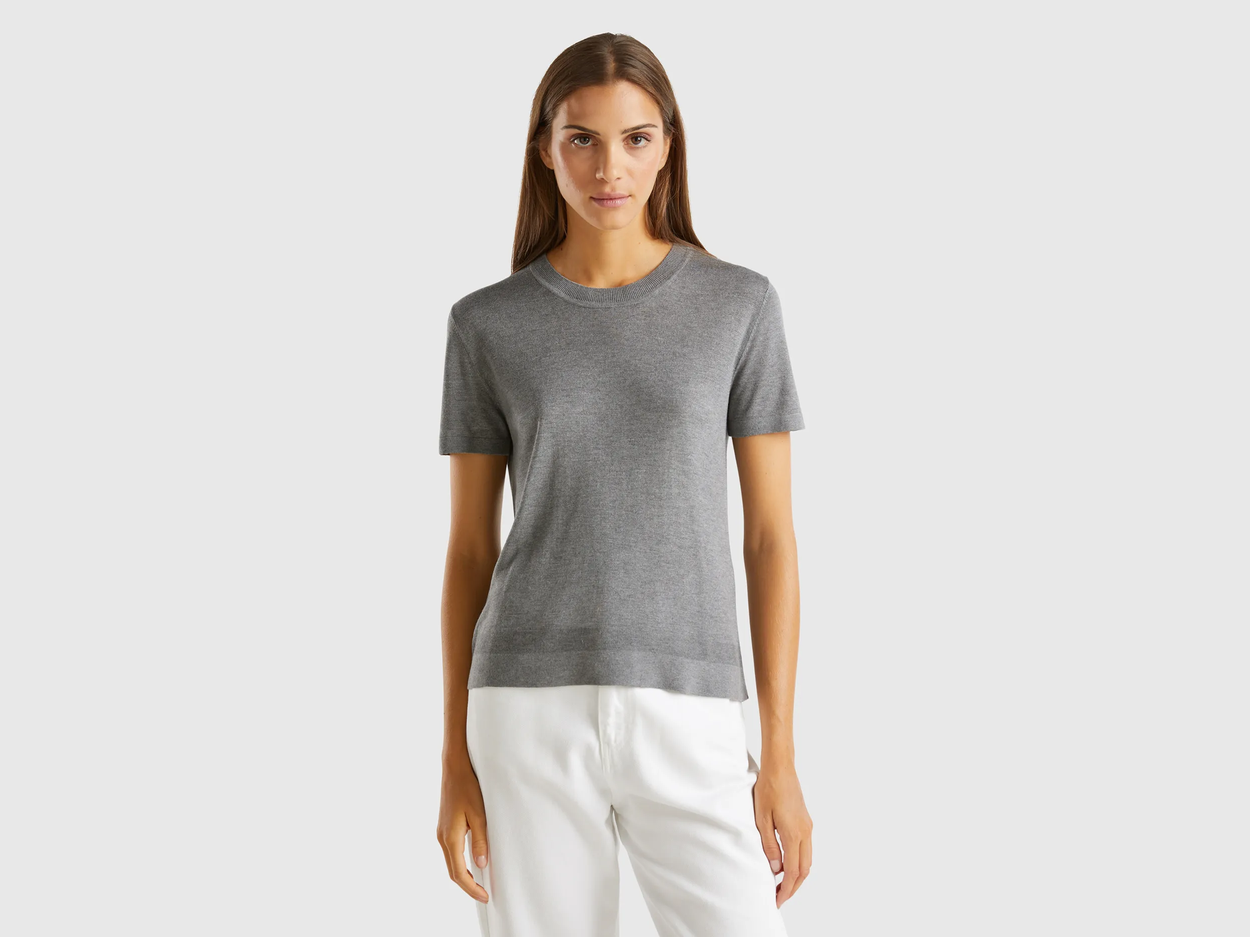 Benetton, Maglia Manica Corta In Misto Seta, Grigio, Donna