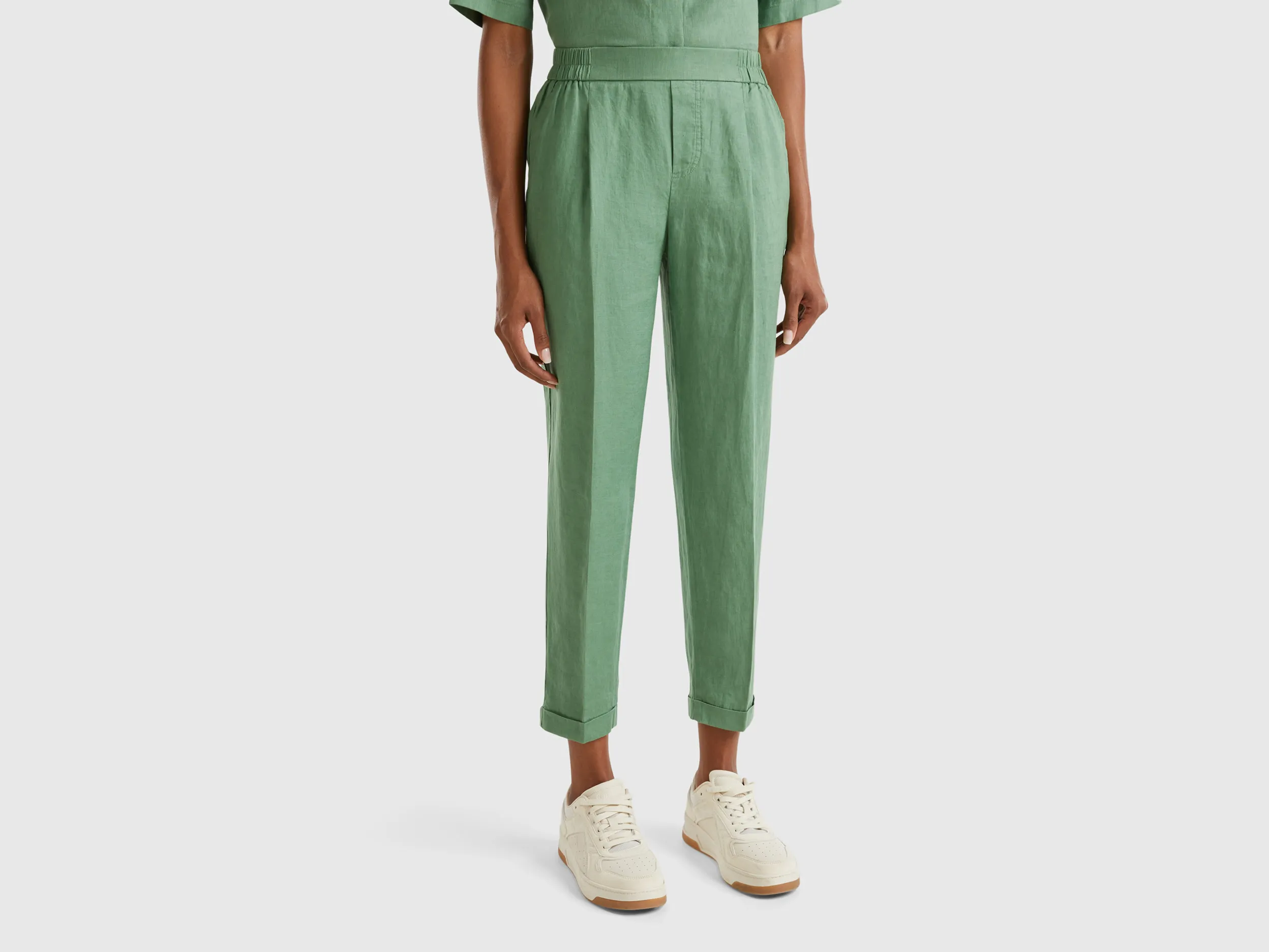 Benetton, Pantaloni Regular Fit In Puro Lino, Verde, Donna