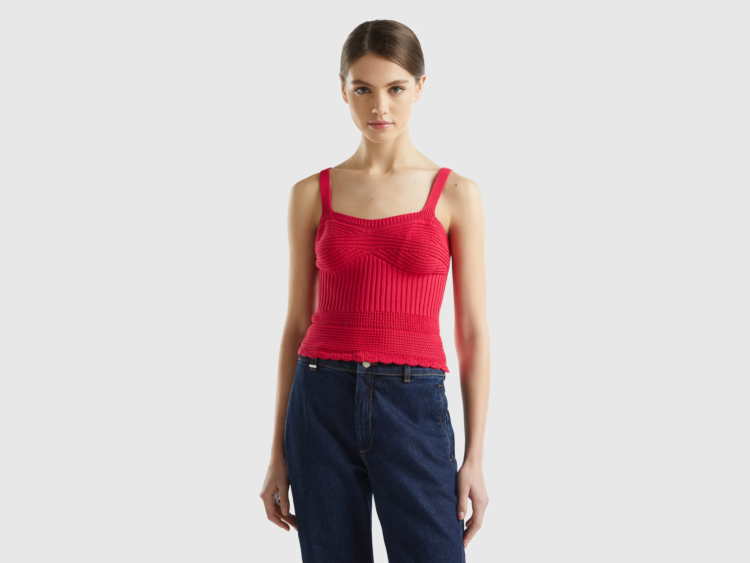 Benetton, Top In Maglia Lavorata, Rosso, Donna