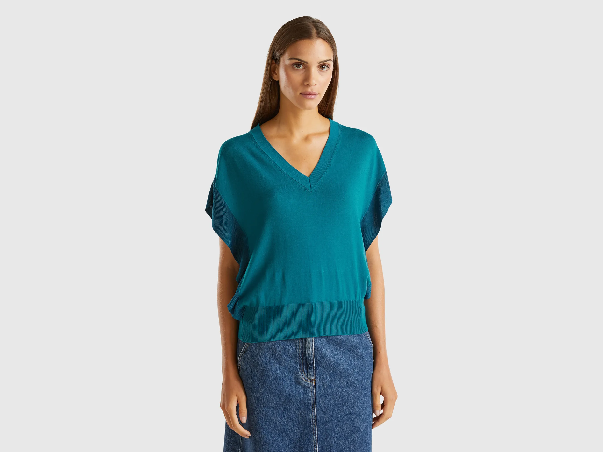 Benetton, Maglia Con Drappeggio, Verde Scuro, Donna