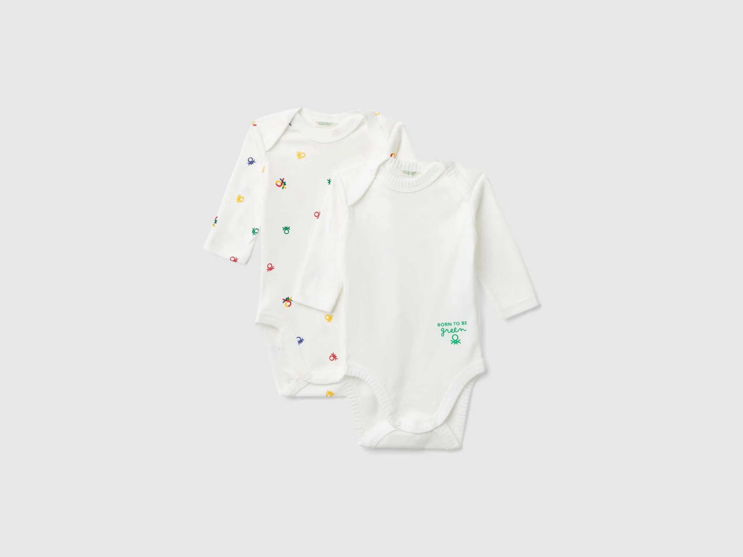 Benetton, Due Body Manica Lunga In Cotone Bio, Bianco Panna, Bambini