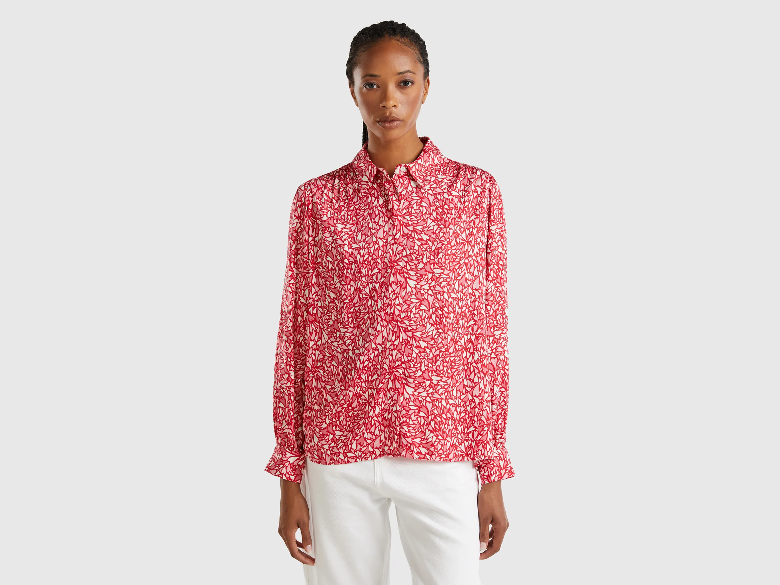 Benetton, Camicia Fluida A Cuori, Multicolore, Donna