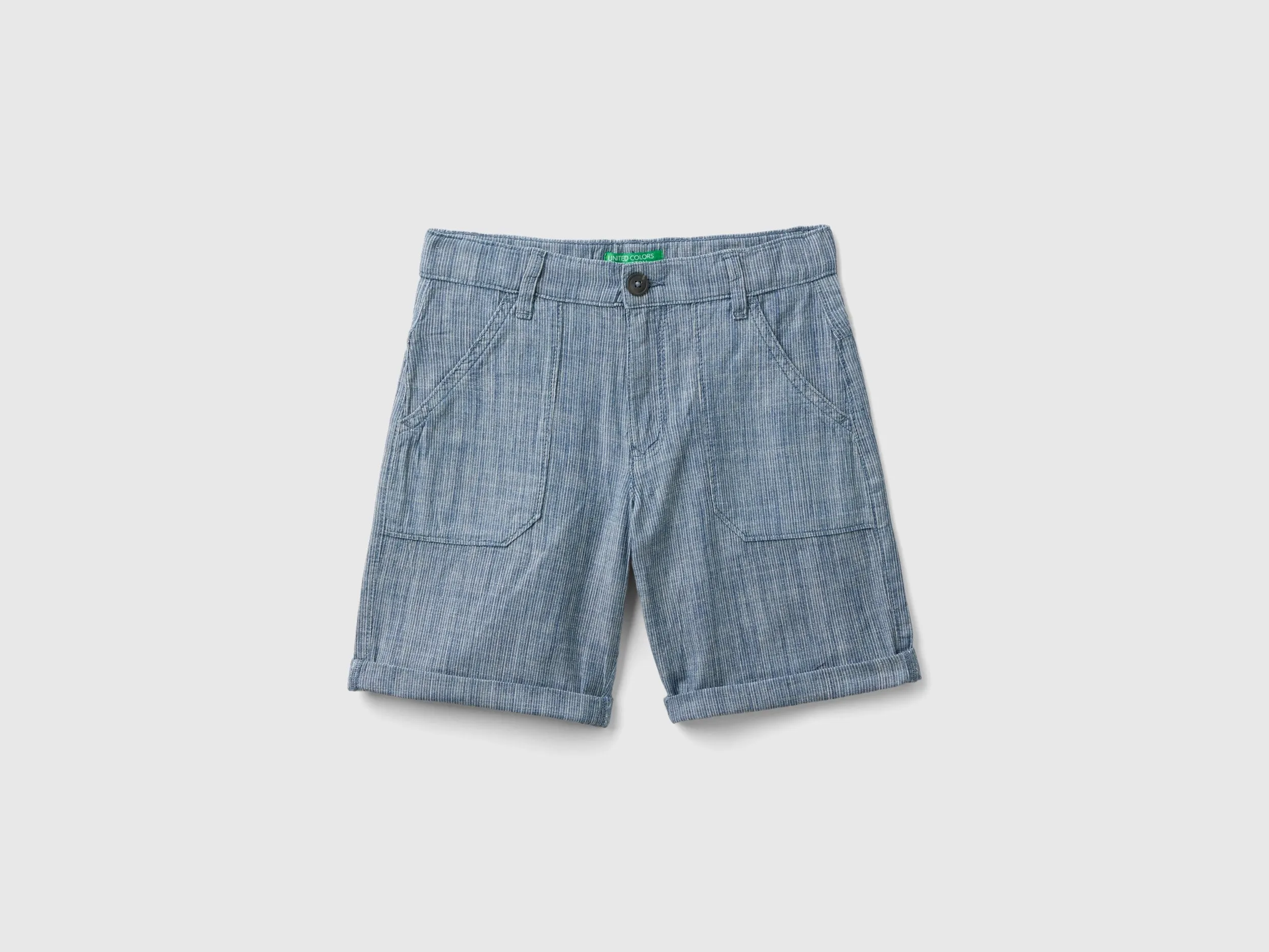 Benetton, Shorts A Righe In Chambray, Blu, Bambini