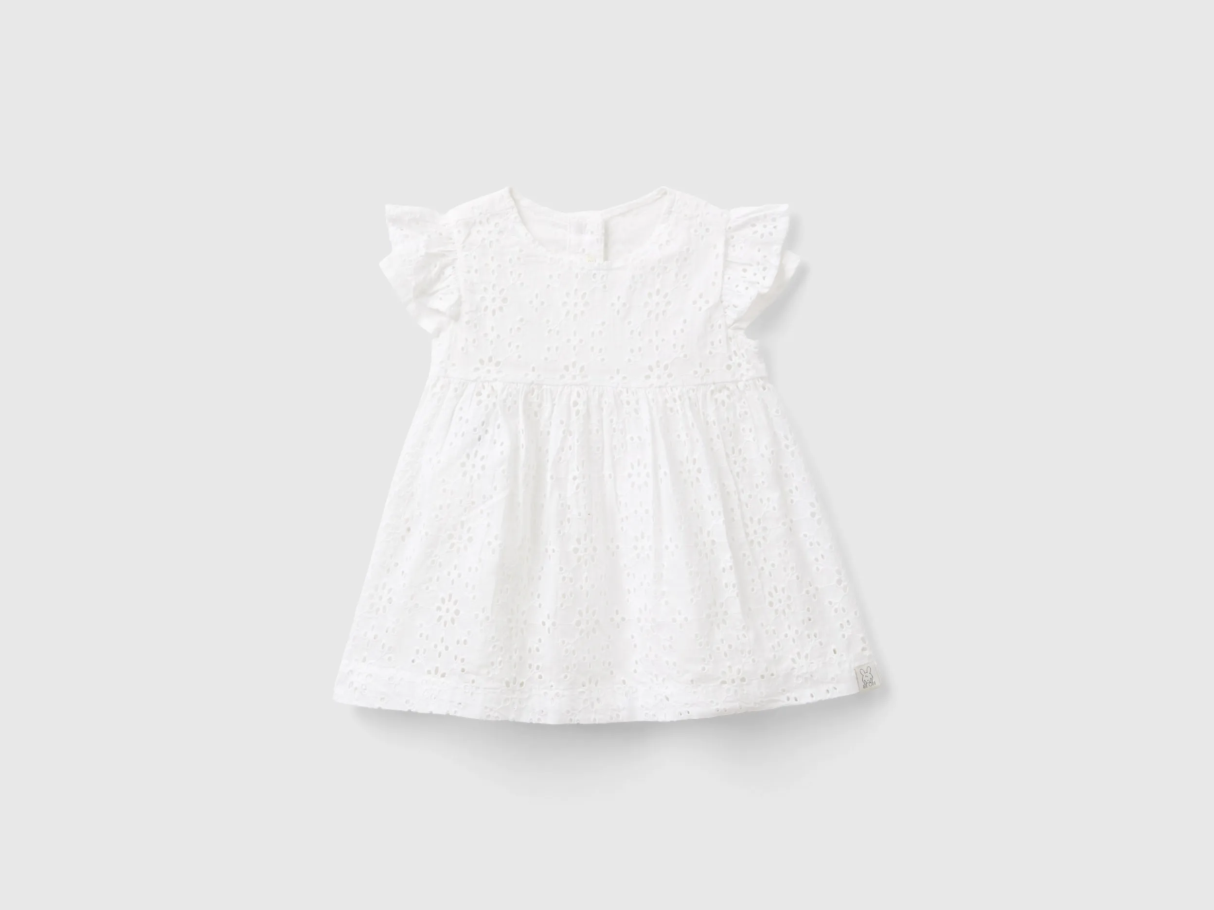 Benetton, Vestito Con Ricami Sangallo, Bianco, Bambini