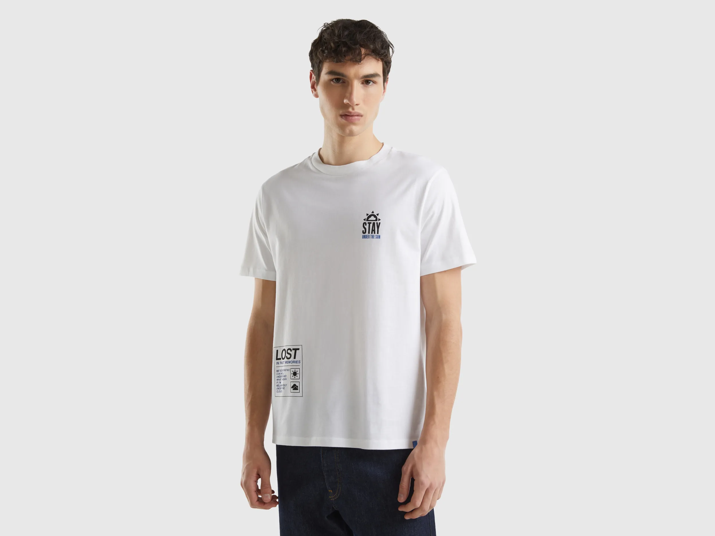 Benetton, T-shirt Con Stampa In Cotone Bio, Bianco, Uomo