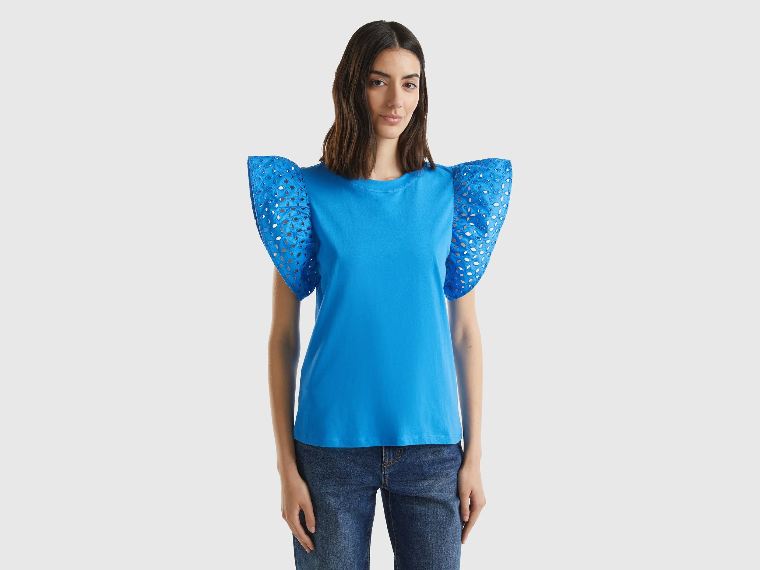 Benetton, T-shirt Con Manica Rouches, Blu, Donna