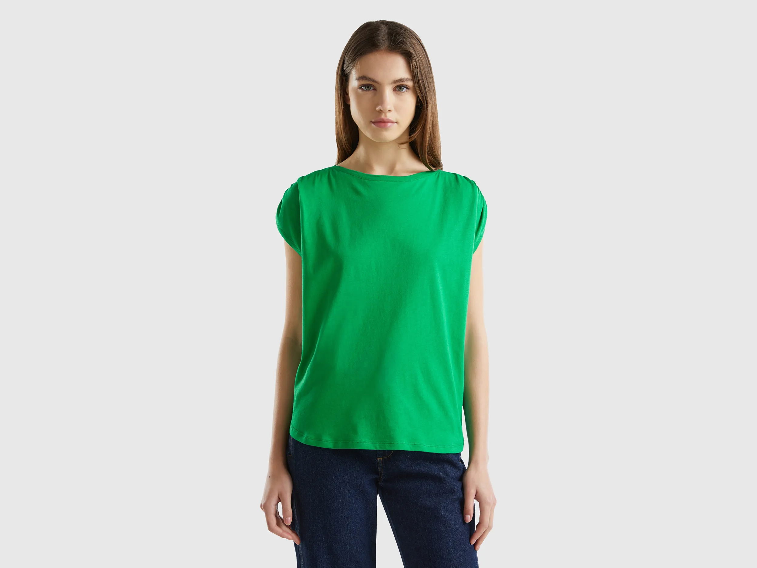 Benetton, Top Girocollo Regular Fit, Verde, Donna