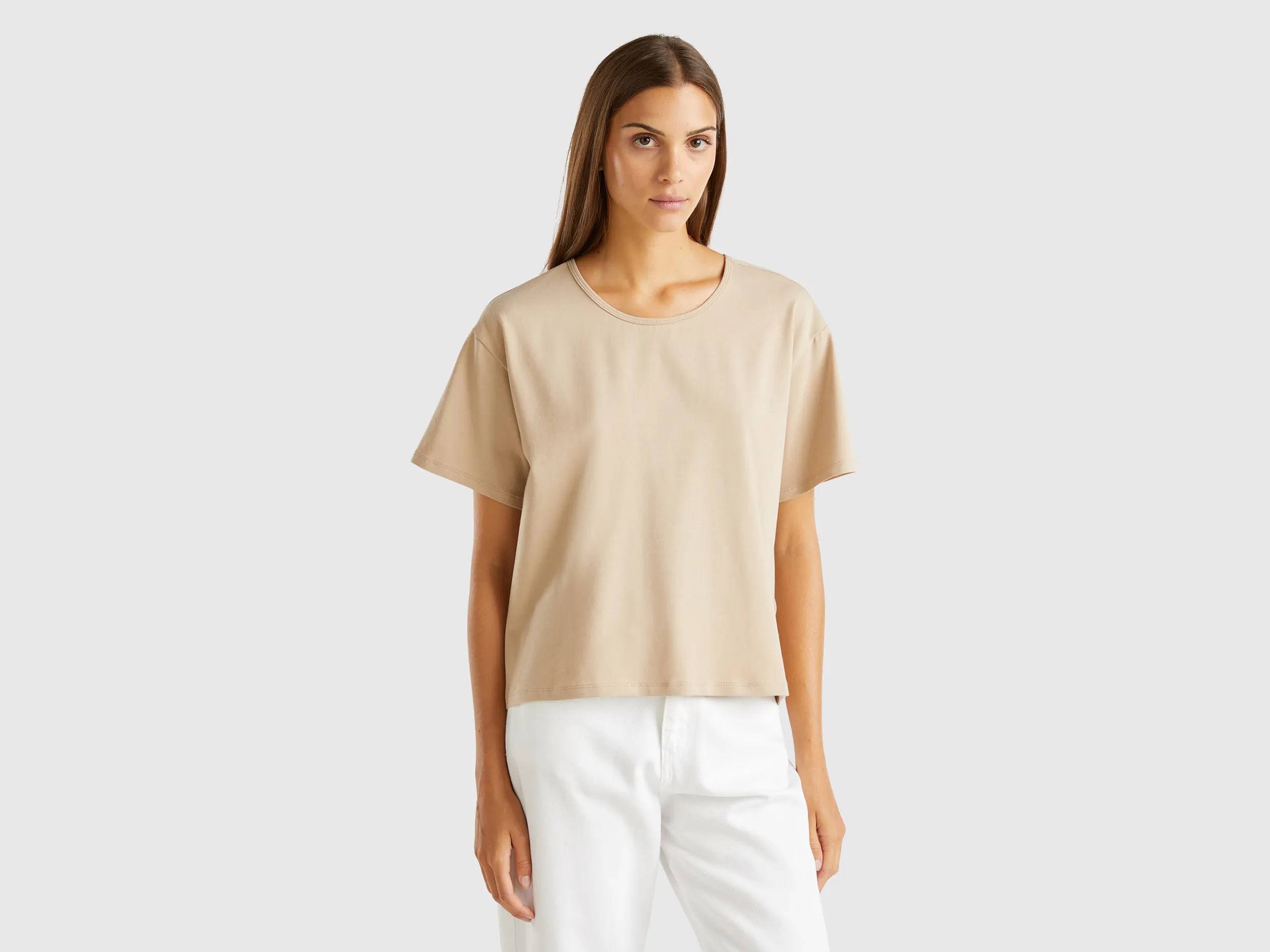 Benetton, T-shirt Con Apertura Sul Retro, Beige, Donna