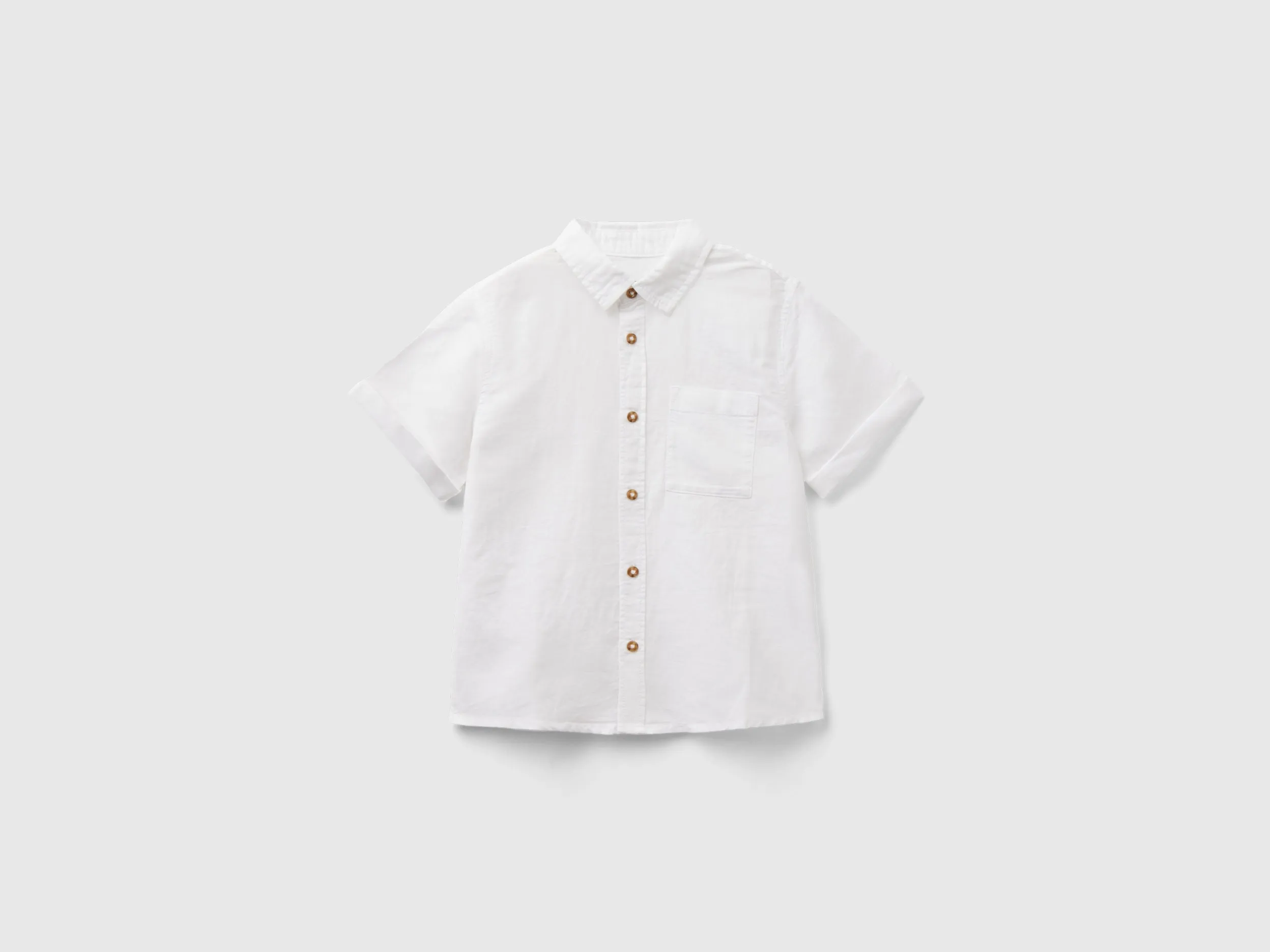 Benetton, Camicia Manica Corta In Misto Lino, Bianco, Bambini