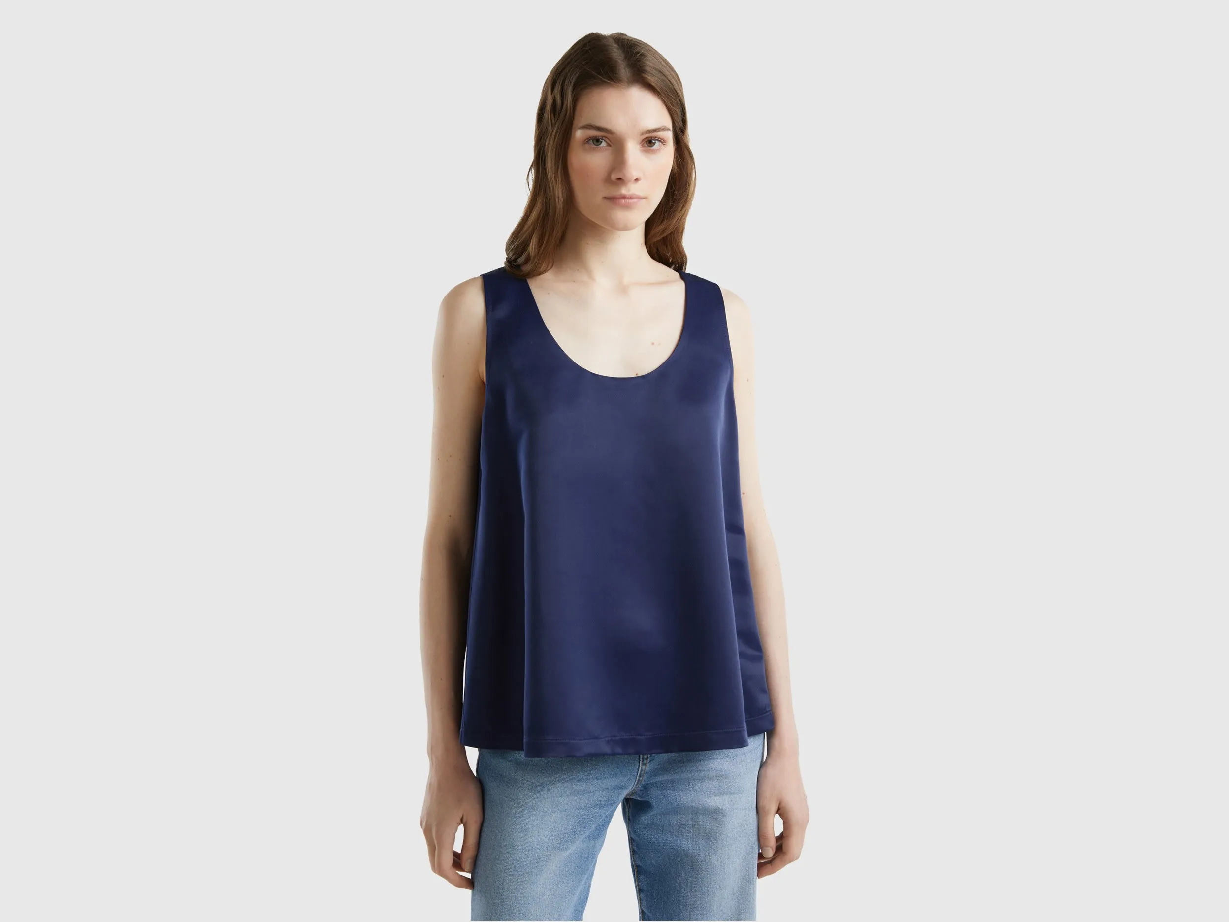 Benetton, Blusa Smanicata Effetto Satin, Blu Scuro, Donna