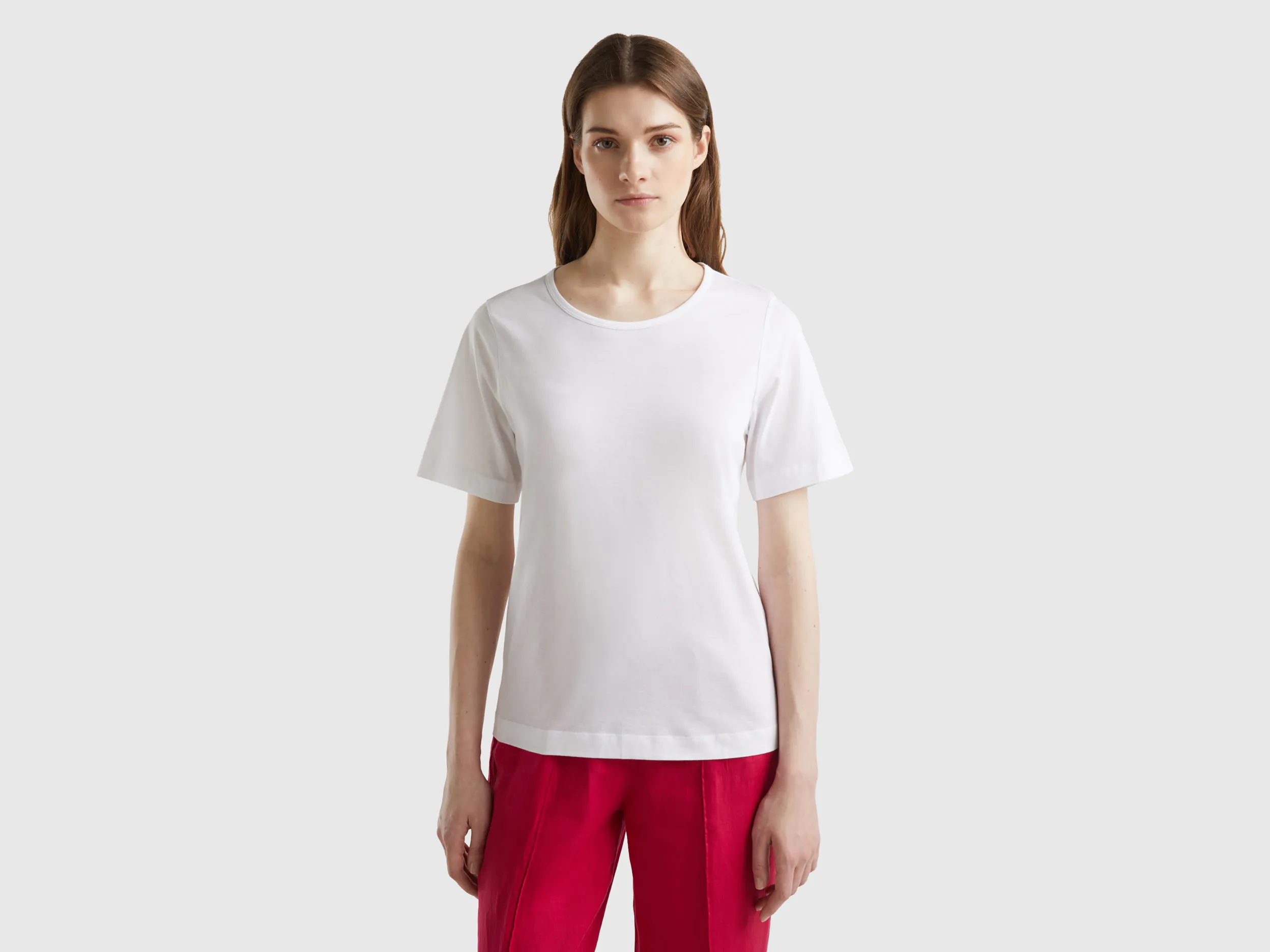 Benetton, T-shirt Bianca A Manica Corta, Bianco, Donna