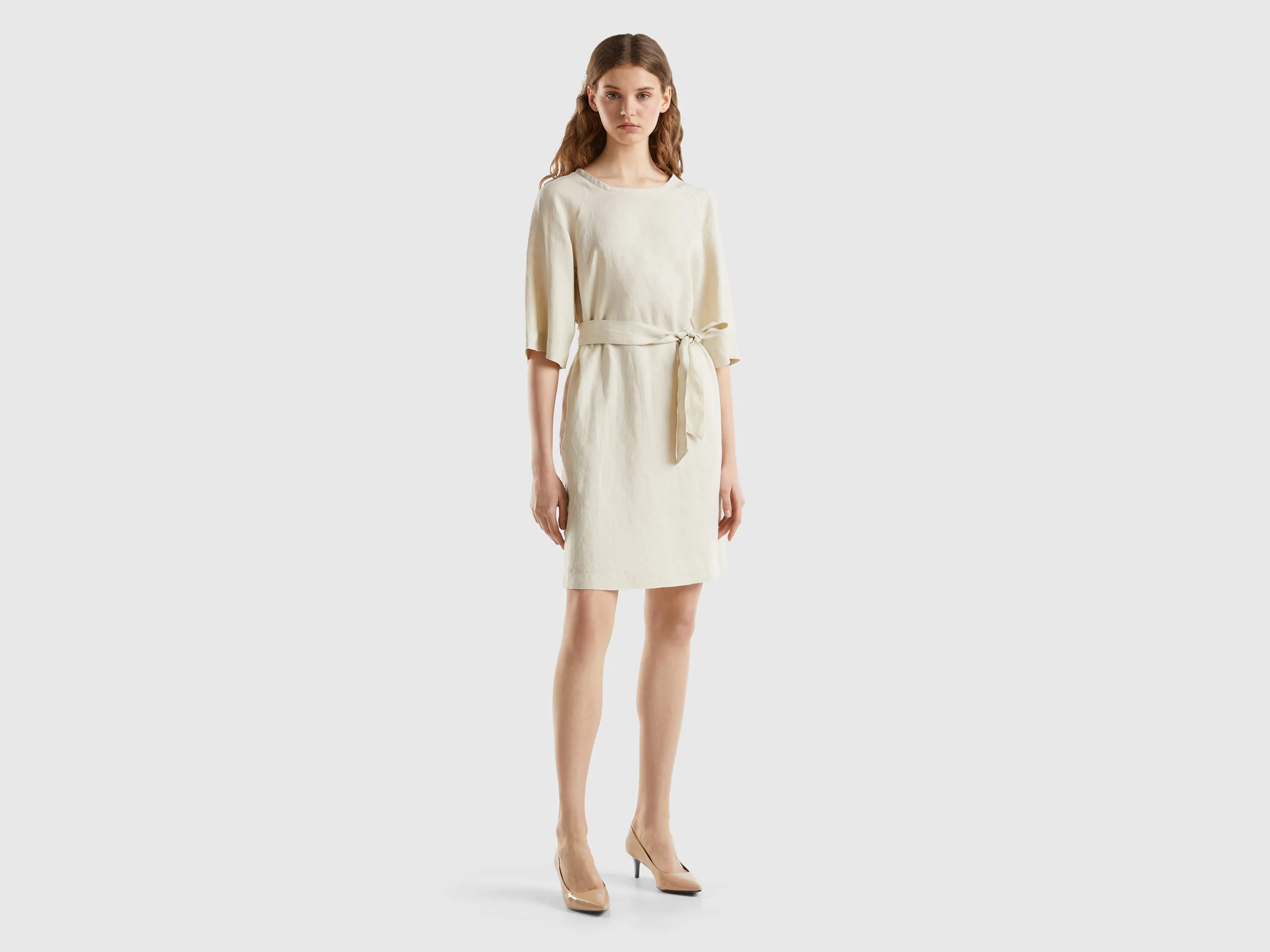 Benetton, Abito Corto In Puro Lino, Beige, Donna