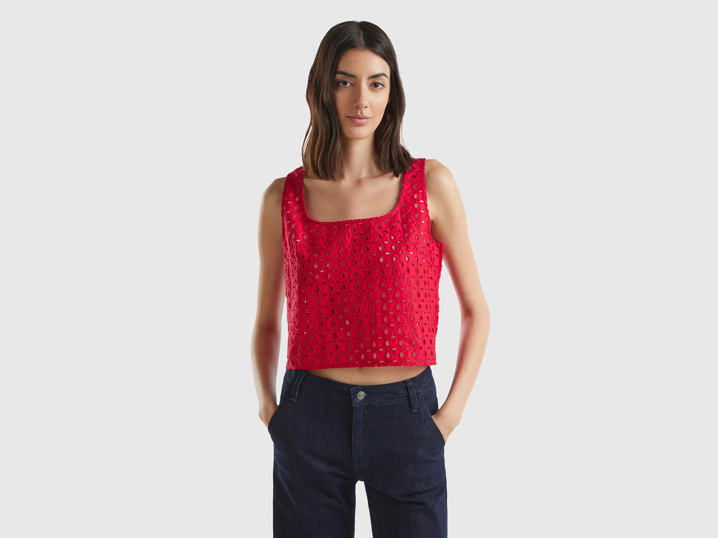 Benetton, Blusa Smanicata In Sangallo, Rosso, Donna