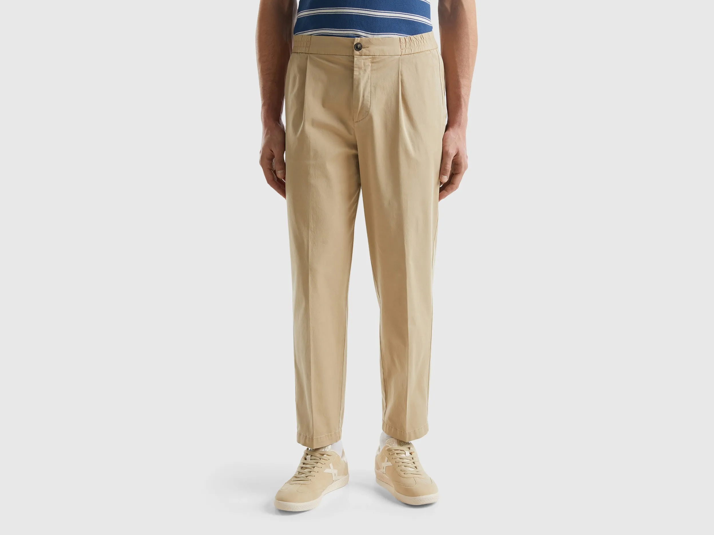 Benetton, Pantaloni In Cotone Stretch, Beige, Uomo