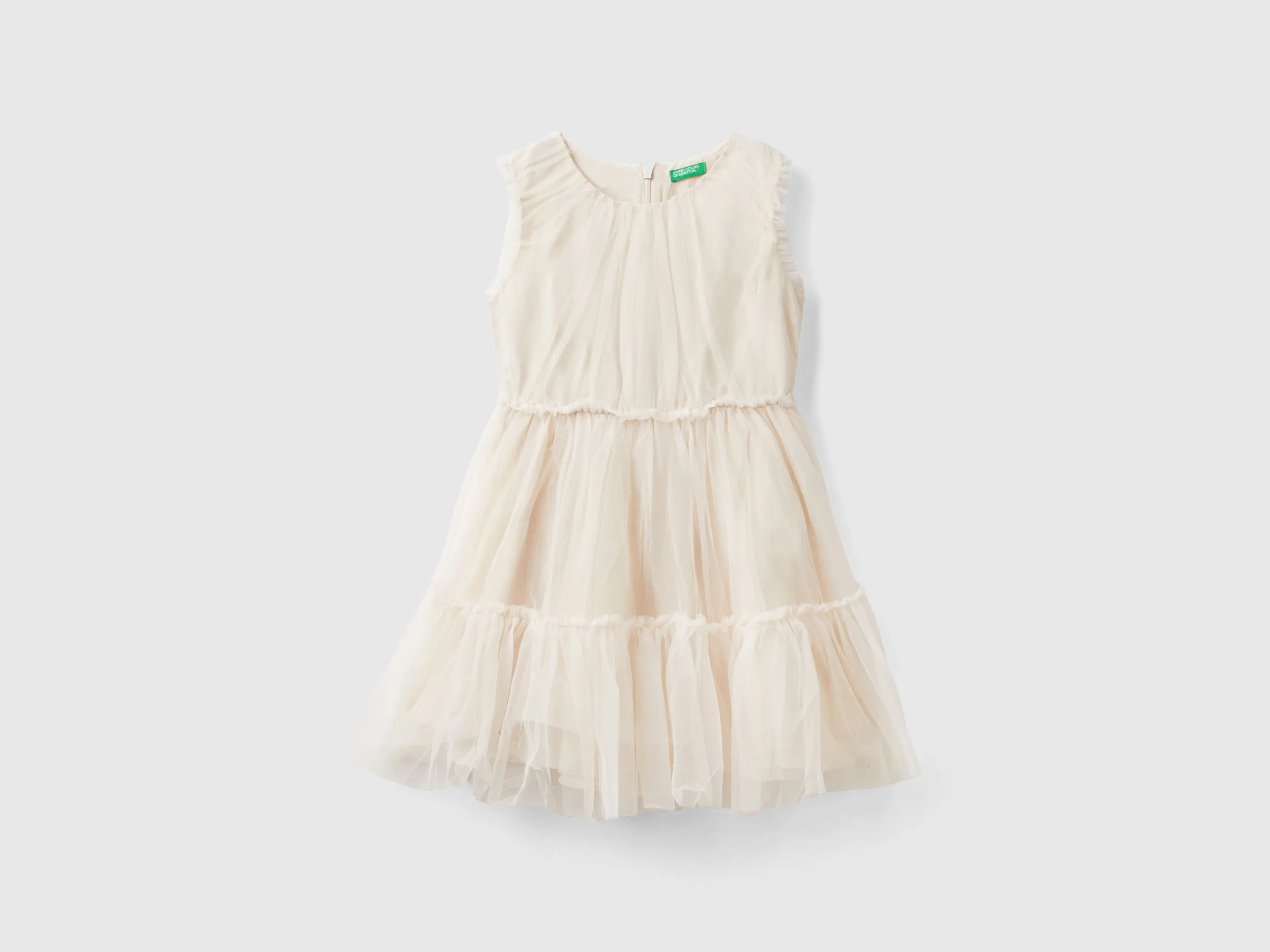 Benetton, Vestito Corto In Tulle, Bianco Panna, Bambini