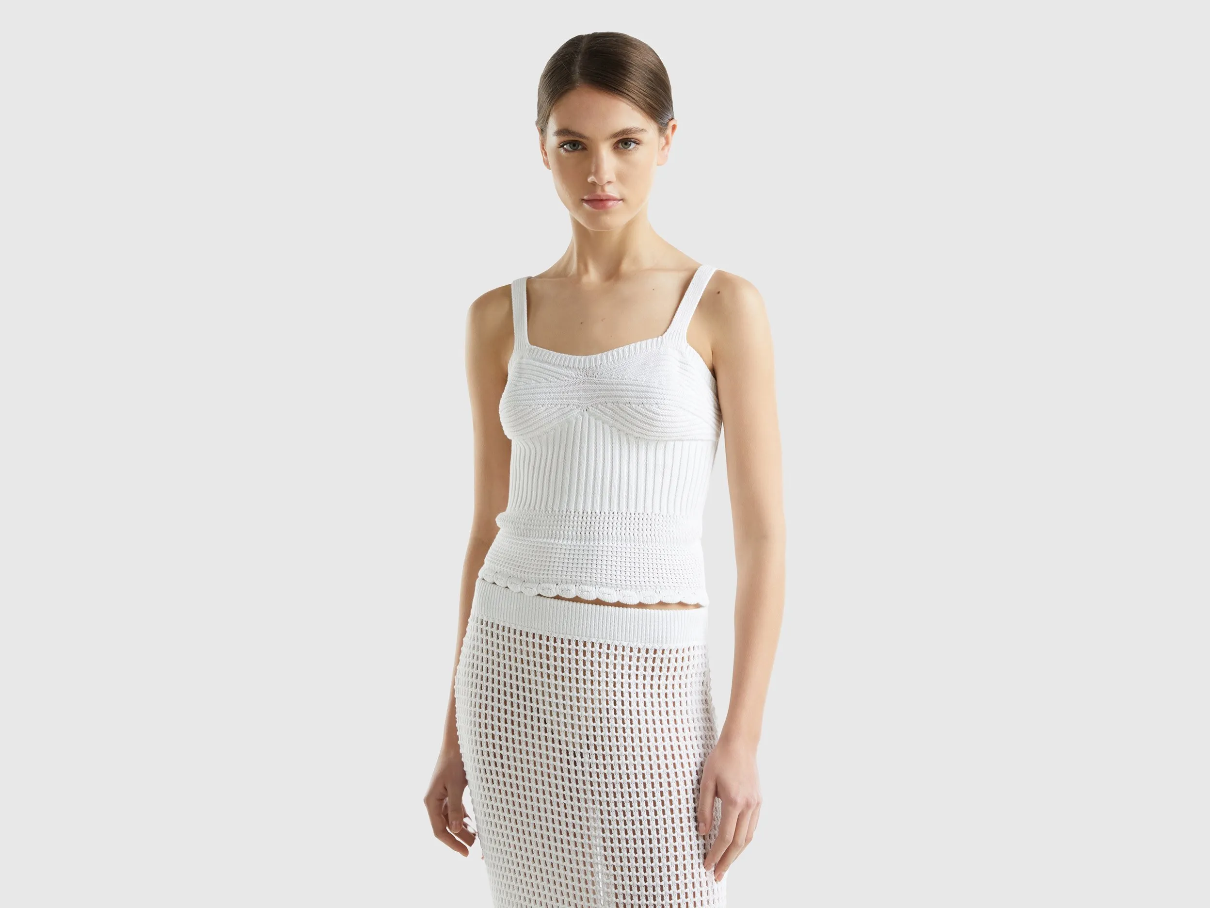 Benetton, Top In Maglia Lavorata, Bianco, Donna