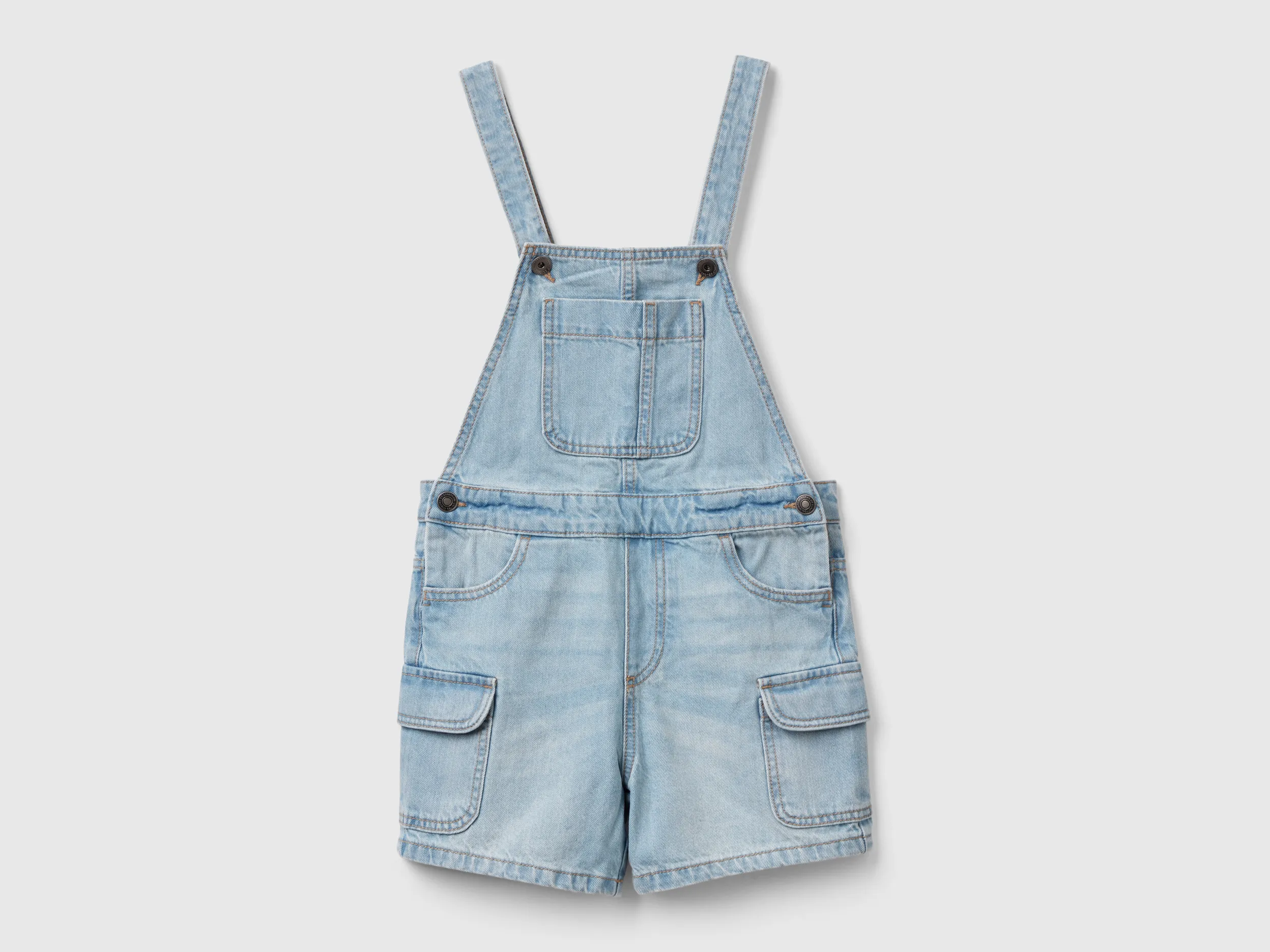 Benetton, Salopette Di Jeans Con Tasche, Celeste, Bambini