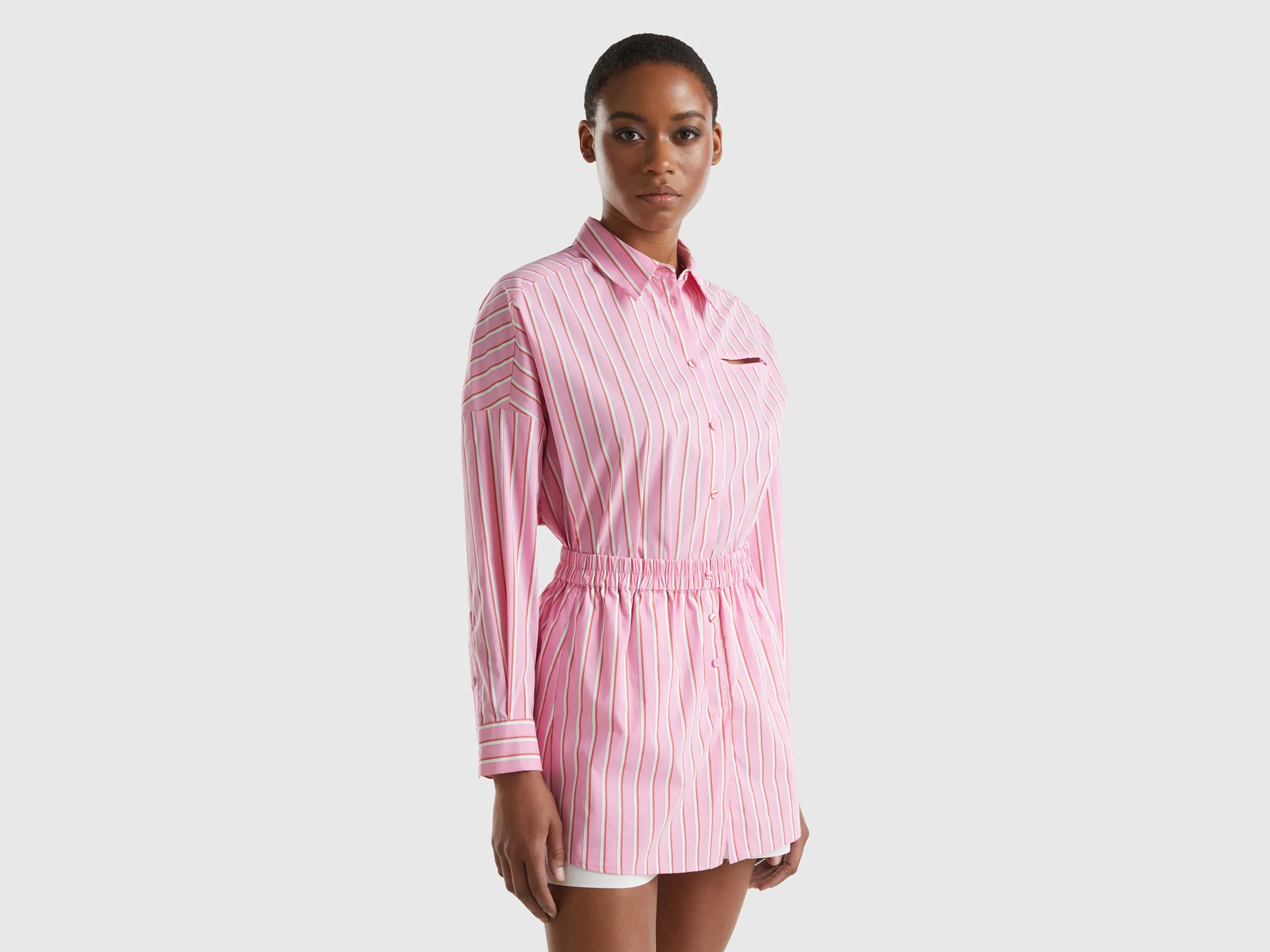 Benetton, Camicia Ampia A Righe, Rosa, Donna