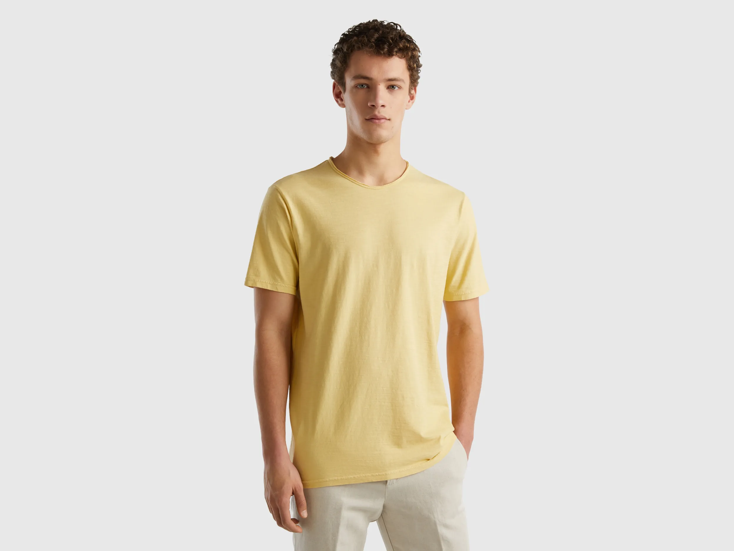 Benetton, T-shirt Giallo Pastello In Cotone Fiammato, Giallo, Uomo