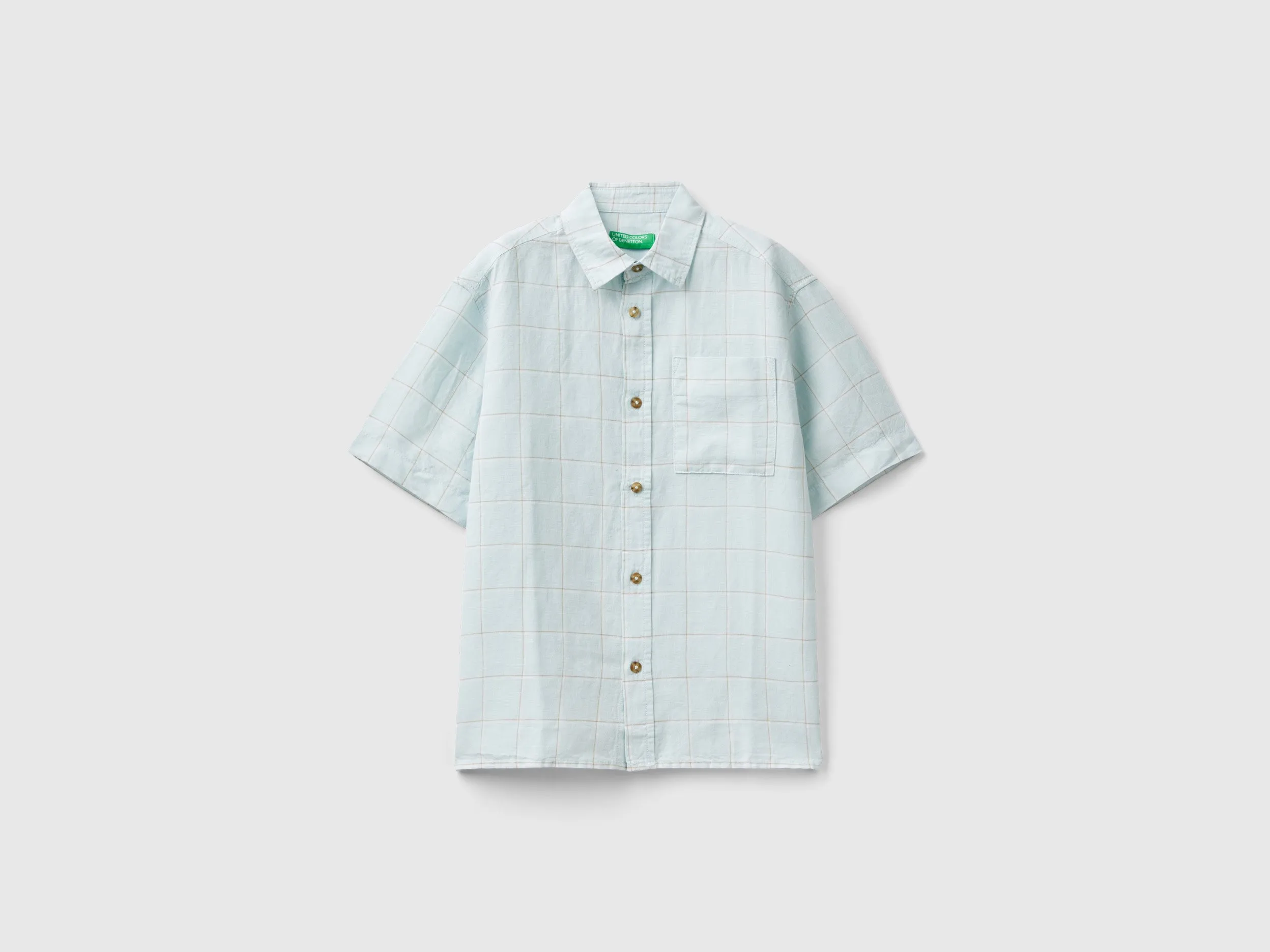 Benetton, Camicia A Quadri In Misto Lino, Verde Acqua, Bambini