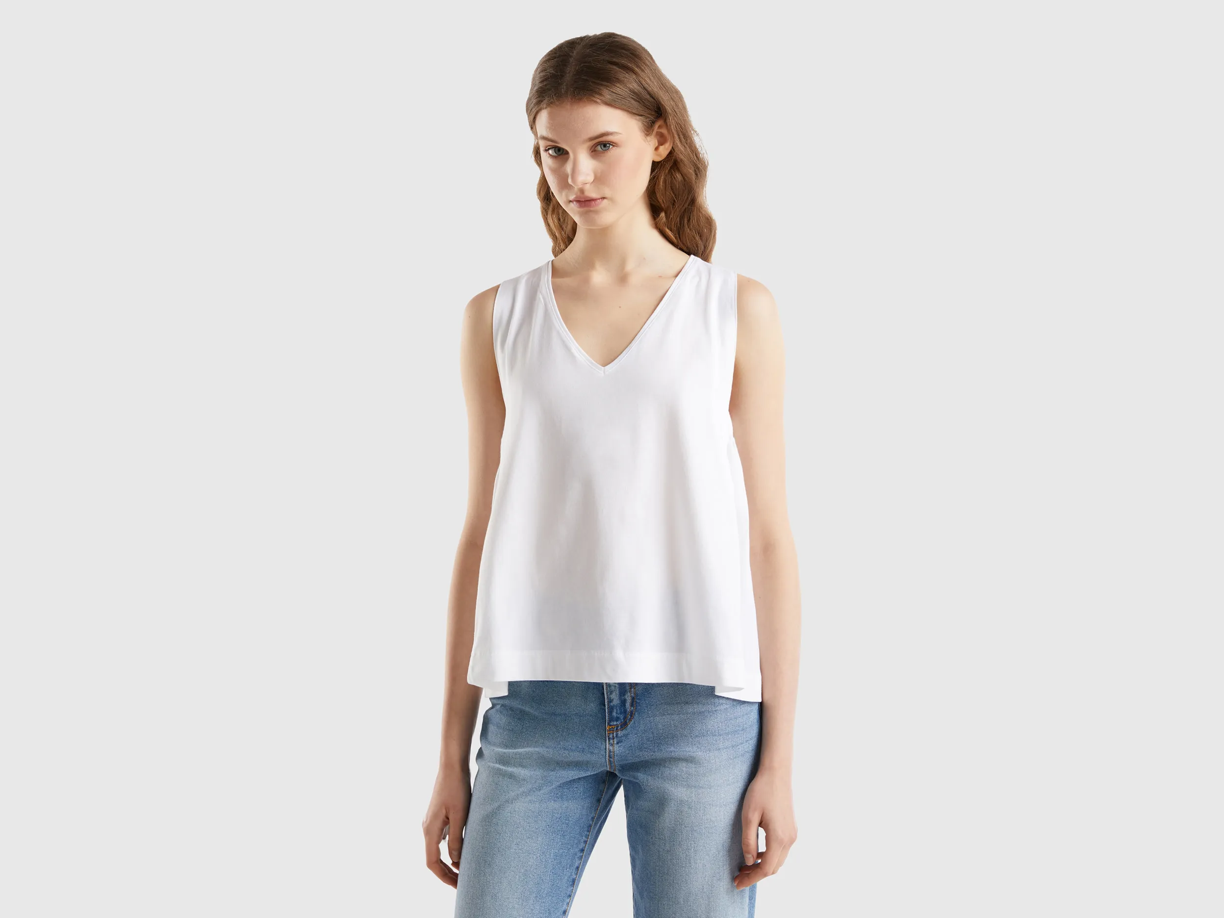 Benetton, Top Con Scollo A V, Bianco, Donna