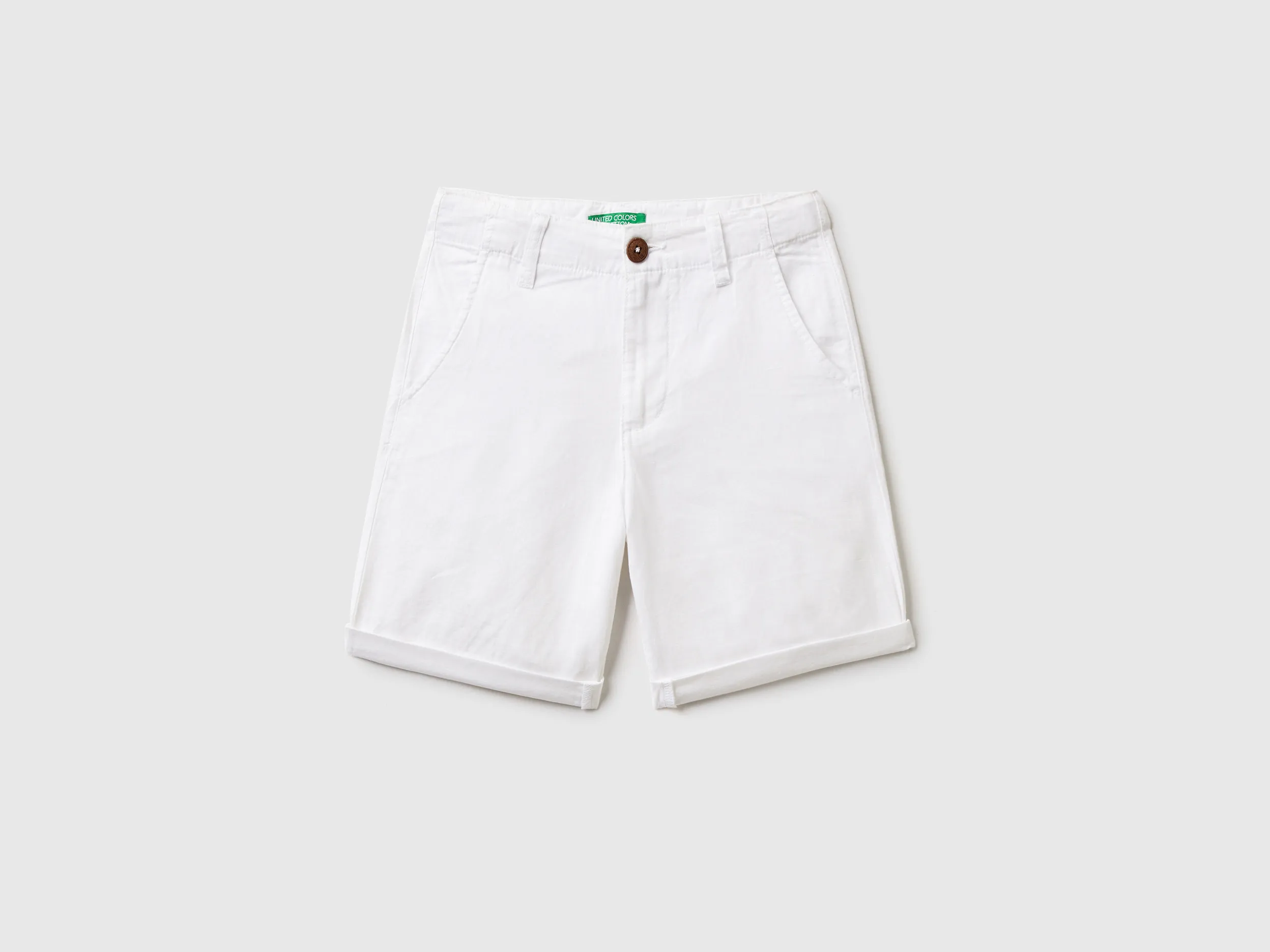 Benetton, Bermuda Chino In Misto Lino, Bianco, Bambini